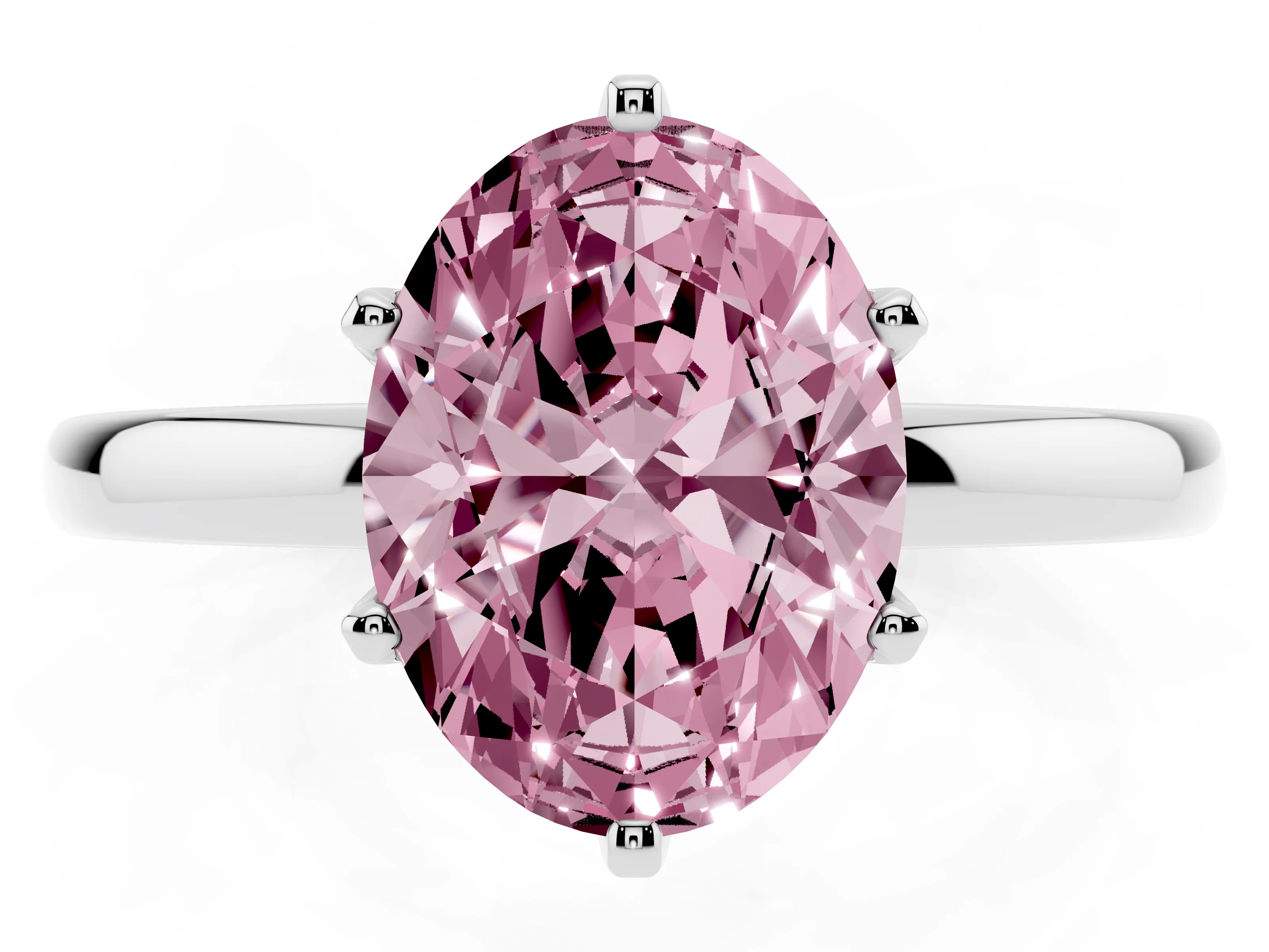 Fancy Pink Oval Cut Diamond Solitaire Ring Set in White gold with Raised Prong Setting on a Classic Band