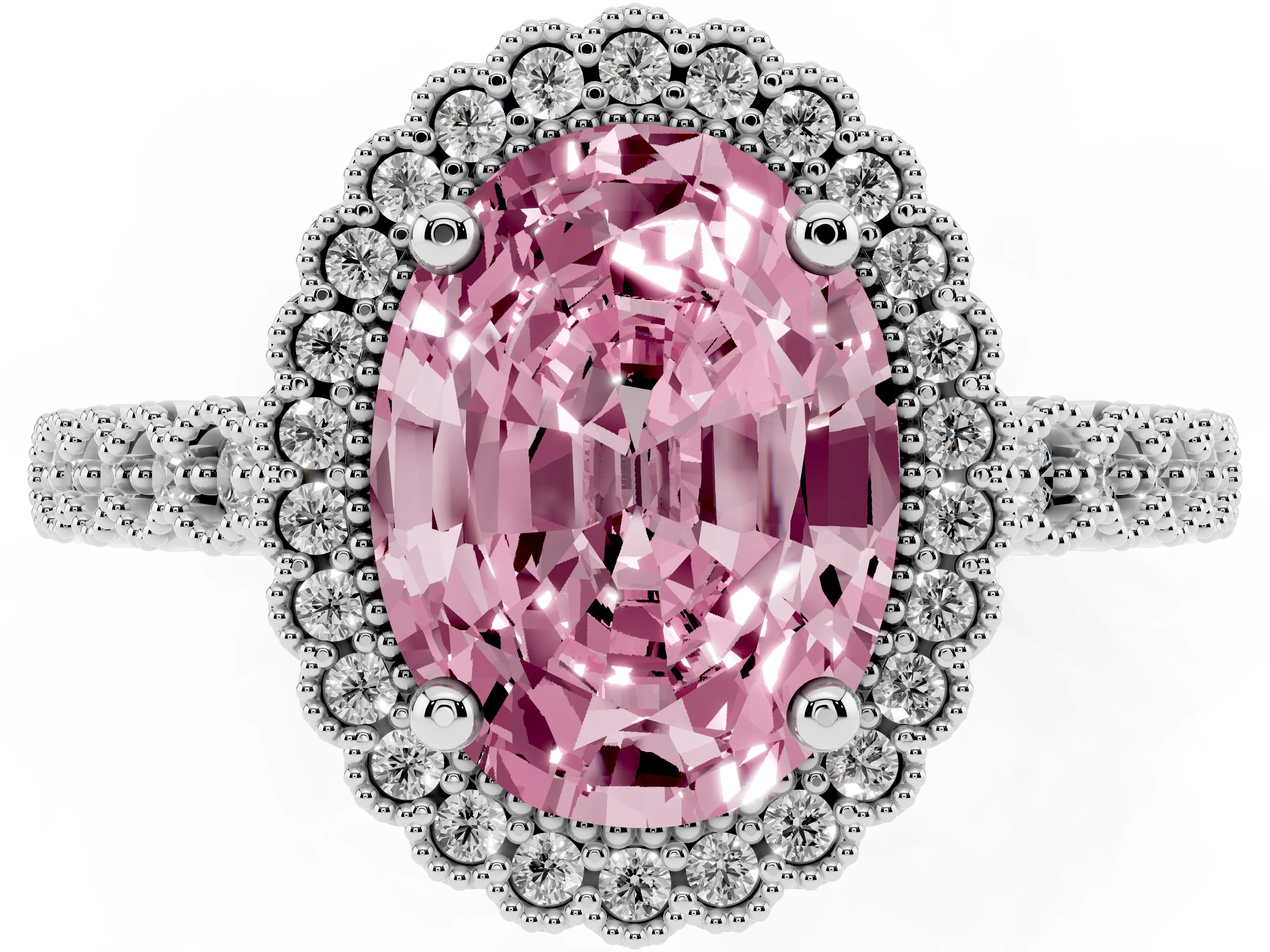 Fancy Pink Oval Cut Diamond Halo Ring Set in Silver with Pavé Milgrain Band