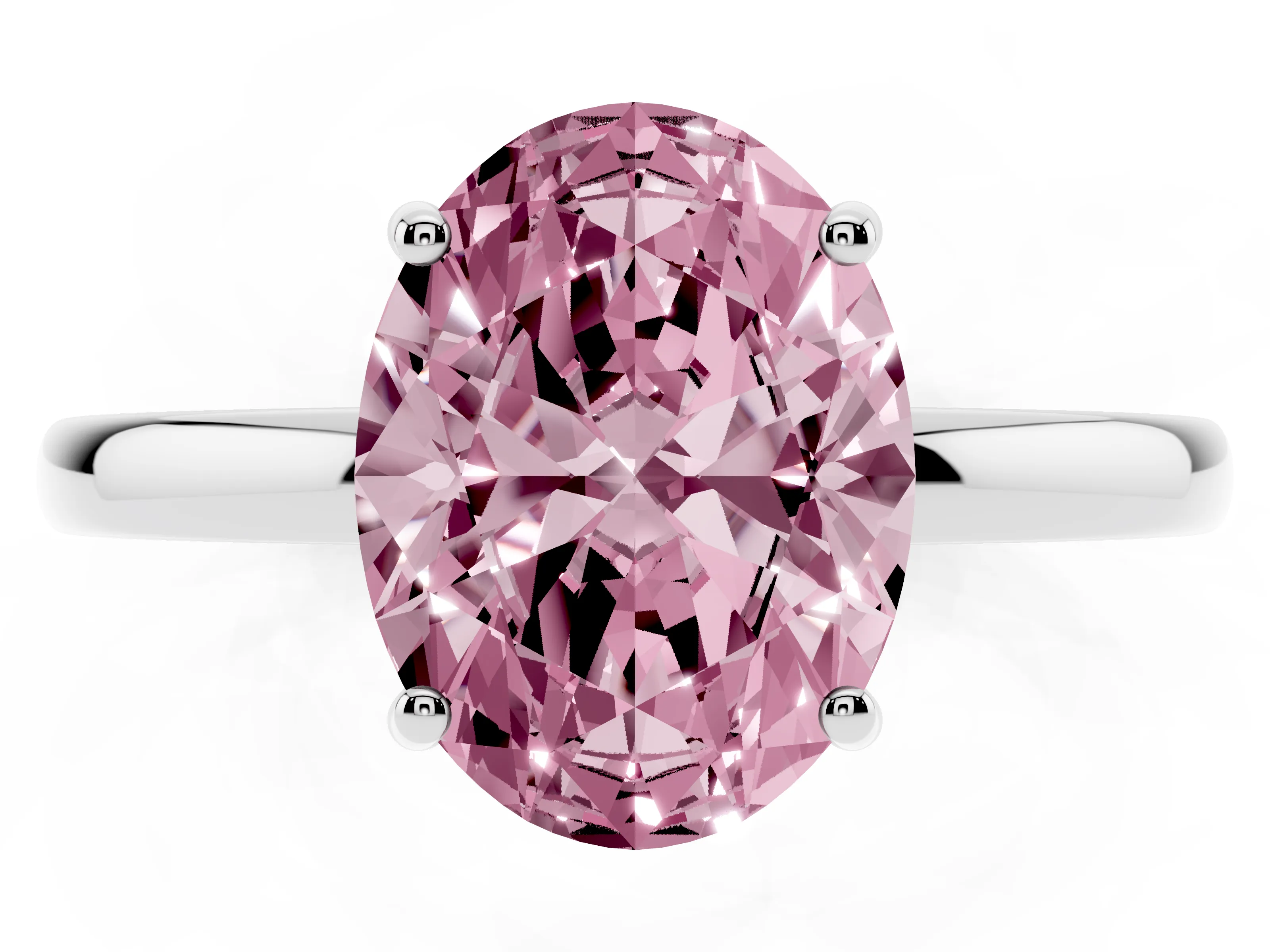 Fancy Pink Oval Cut Diamond Solitaire Ring Set in Silver with Plain Band and Prong Setting