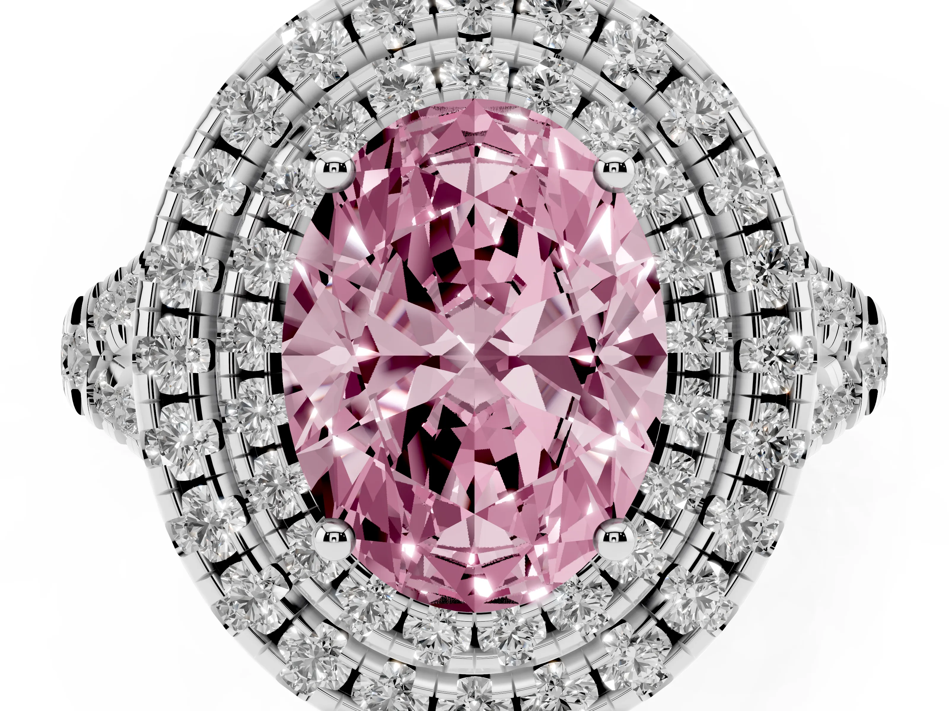 Fancy Pink Oval Cut Diamond Double Halo Ring Set in Silver with Pavé Split Shank and Prong Setting