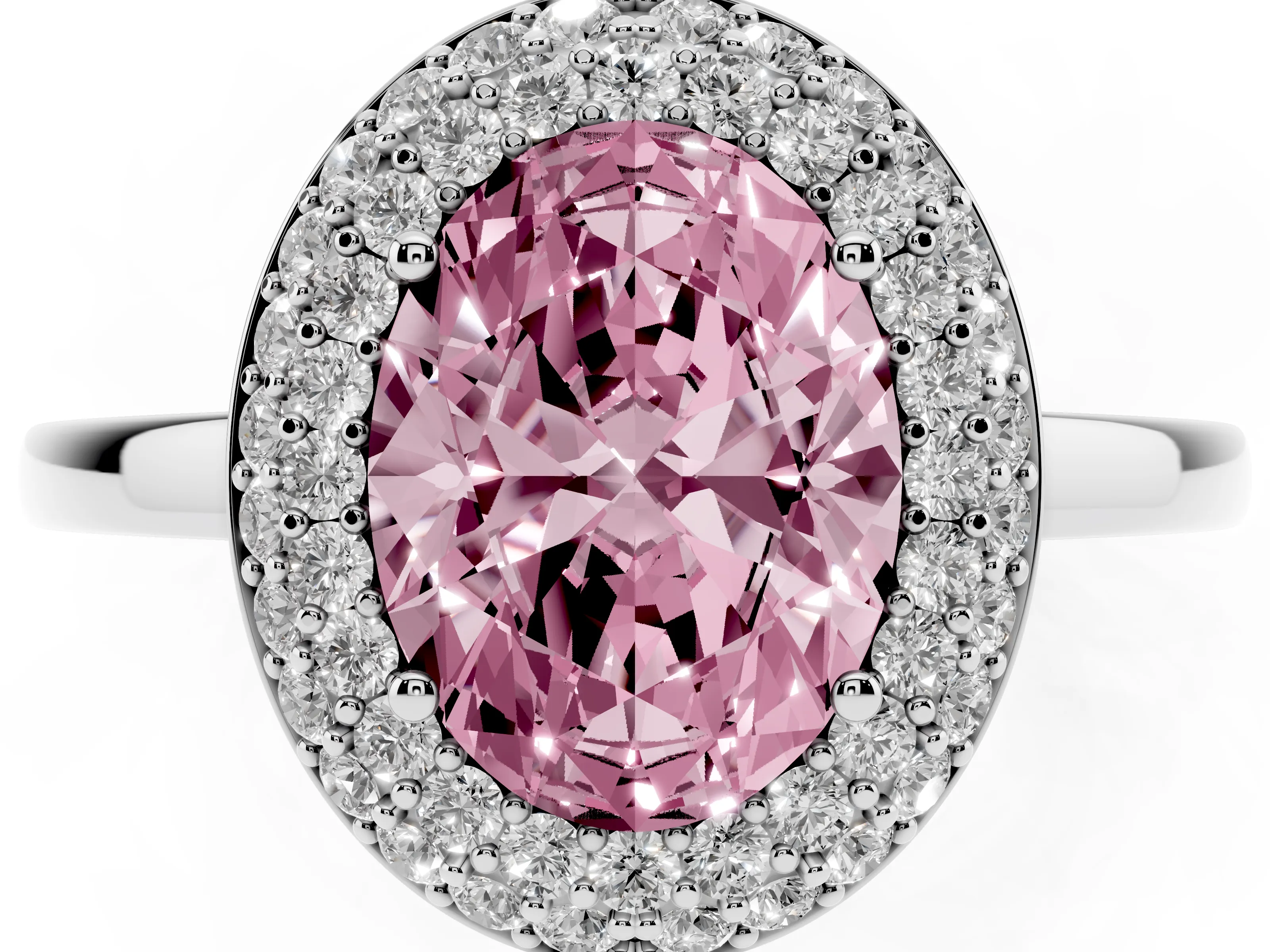 Fancy Pink Oval Cut Diamond Halo Engagement Ring Set in White gold with Solitaire Band and Prong Setting