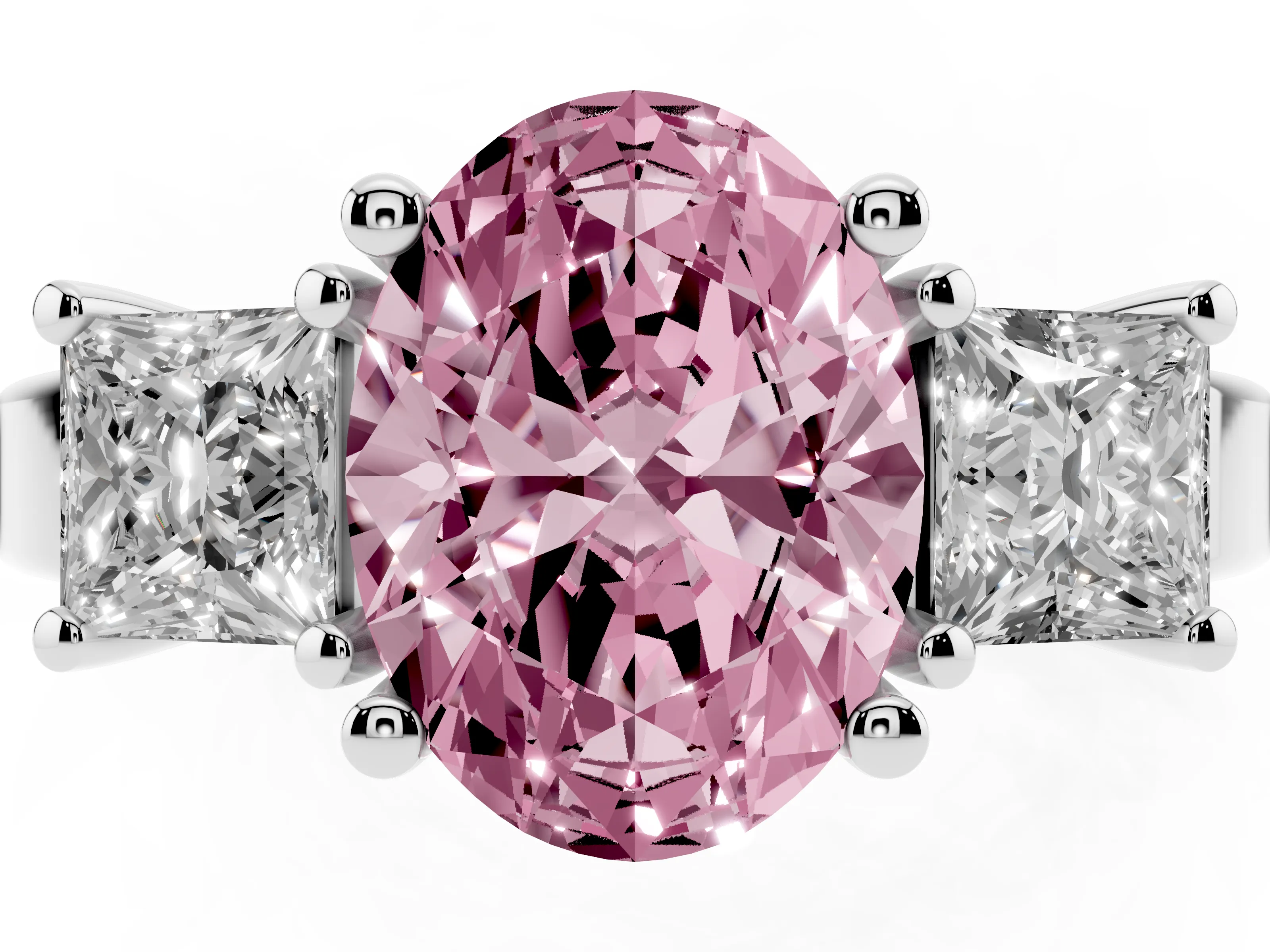 Fancy Pink Three-Stone Oval Cut Diamond Solitaire Ring Set in Platinum with Prong Setting
