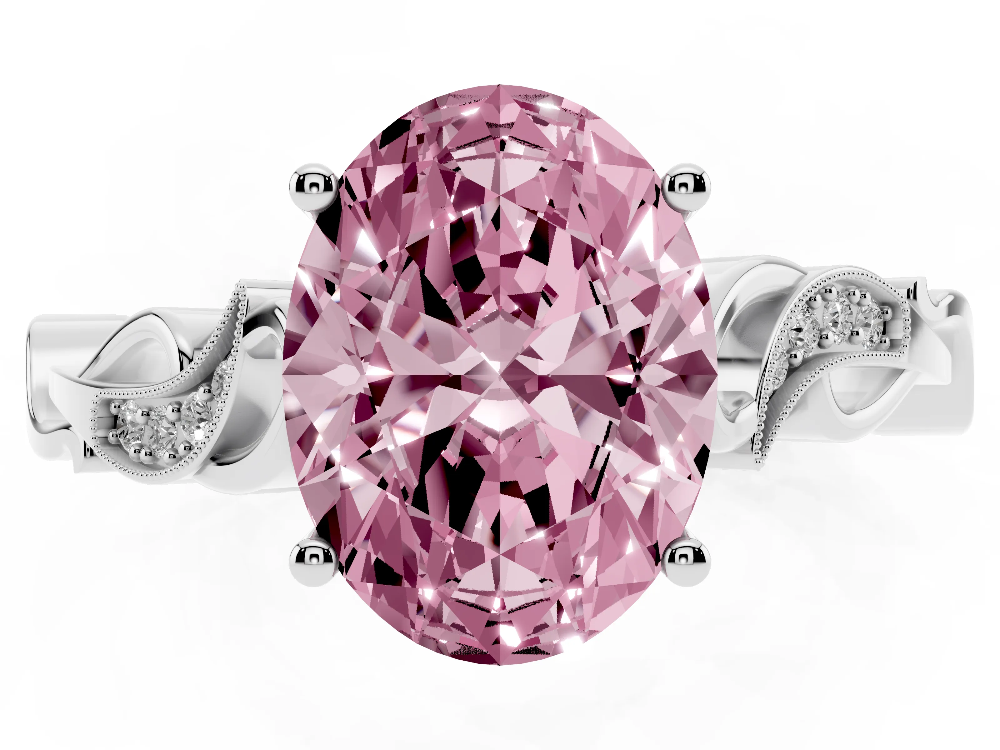 Fancy Pink Oval Cut Diamond Vine Band Solitaire Ring Set in Silver with Milgrain Prong Setting