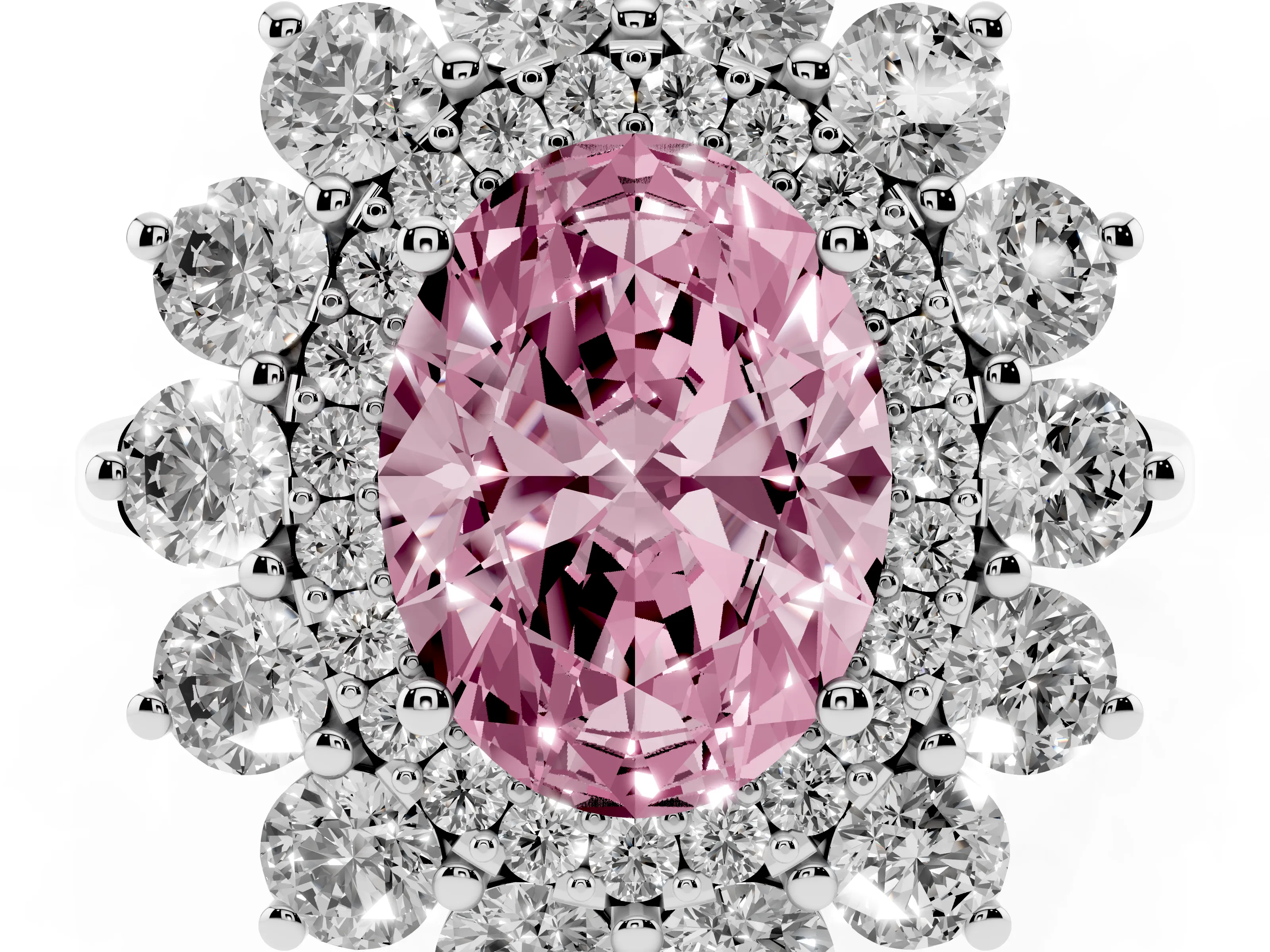 Fancy Pink Oval Cut Diamond Floral Double Halo Ring Set in Platinum with Round Petals