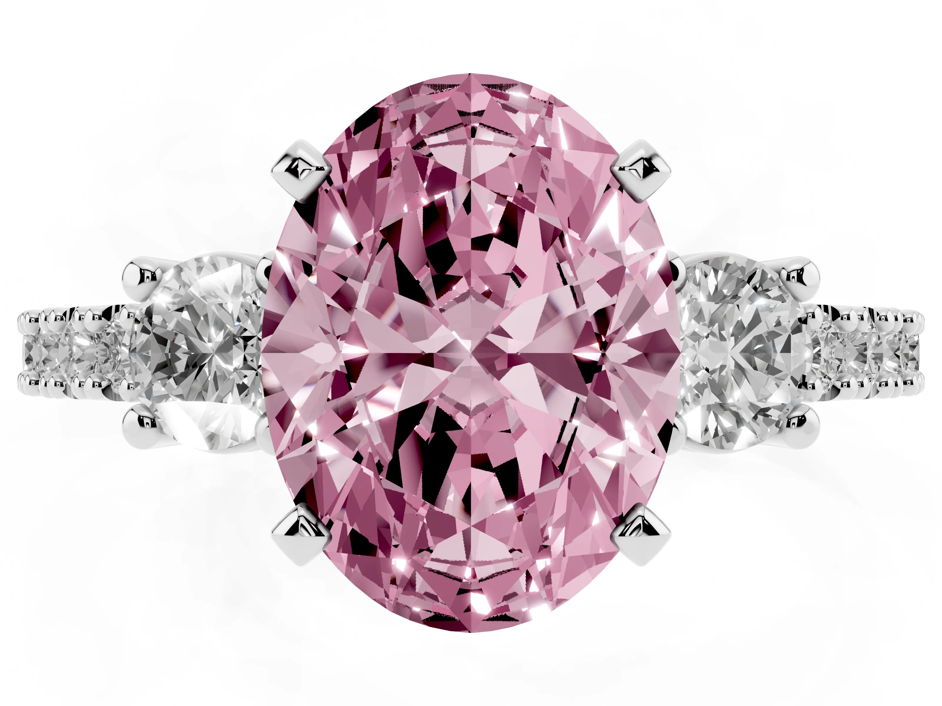 Fancy Pink Three-Stone Oval Cut Diamond Pavé Band Ring Set in Silver with Prong Setting