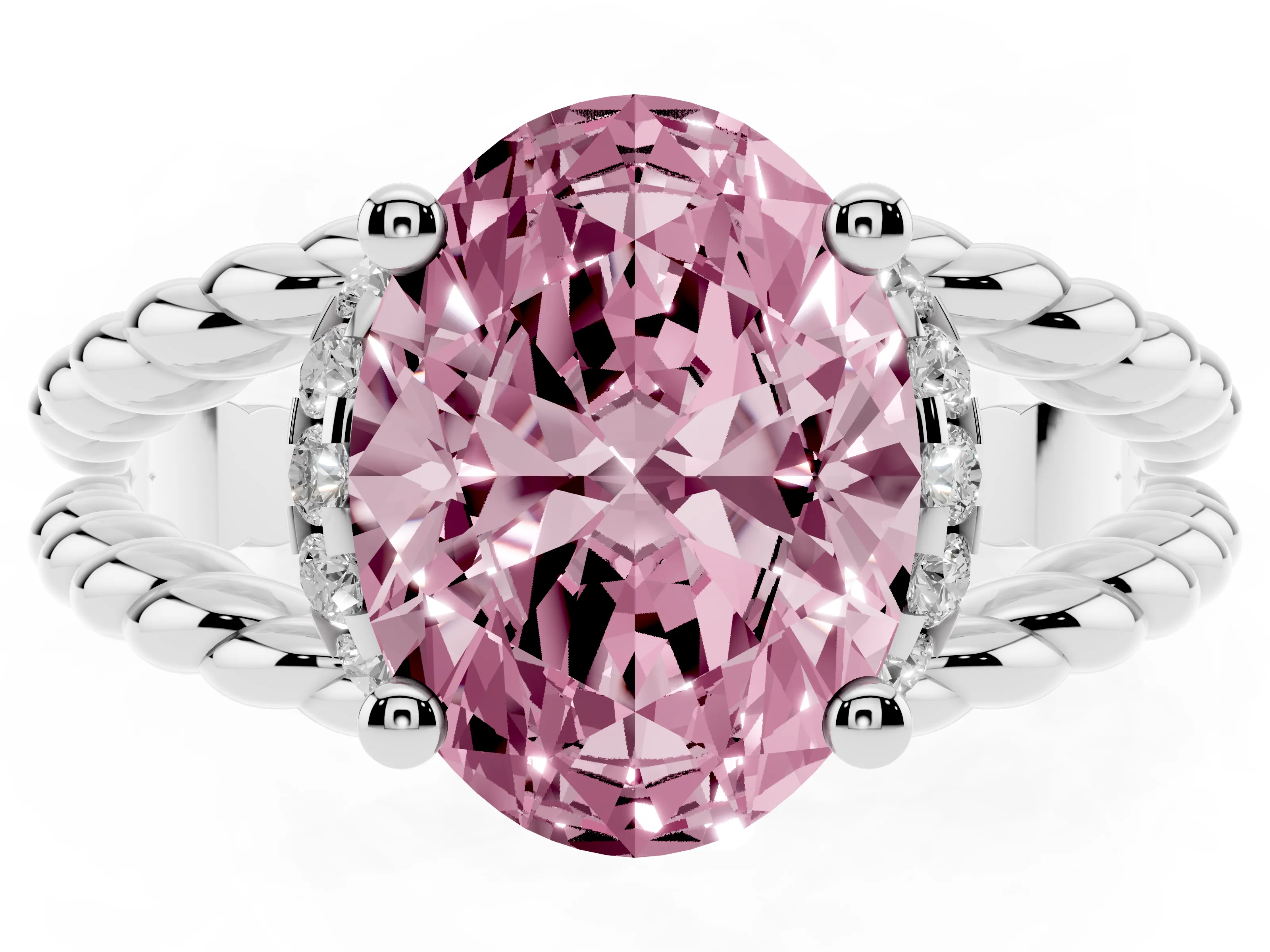 Fancy Pink Oval Cut Diamond Halo Ring Set in Silver with Twisted Band and Prong Setting