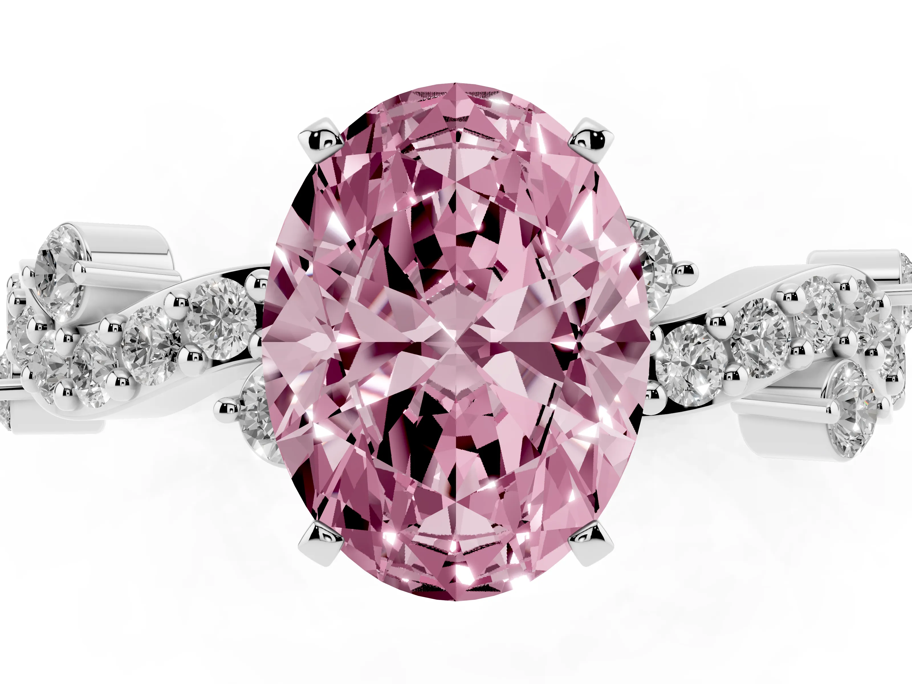 Fancy Pink Oval Cut Diamond Solitaire Twisted Band Set in White gold with Pavé Setting