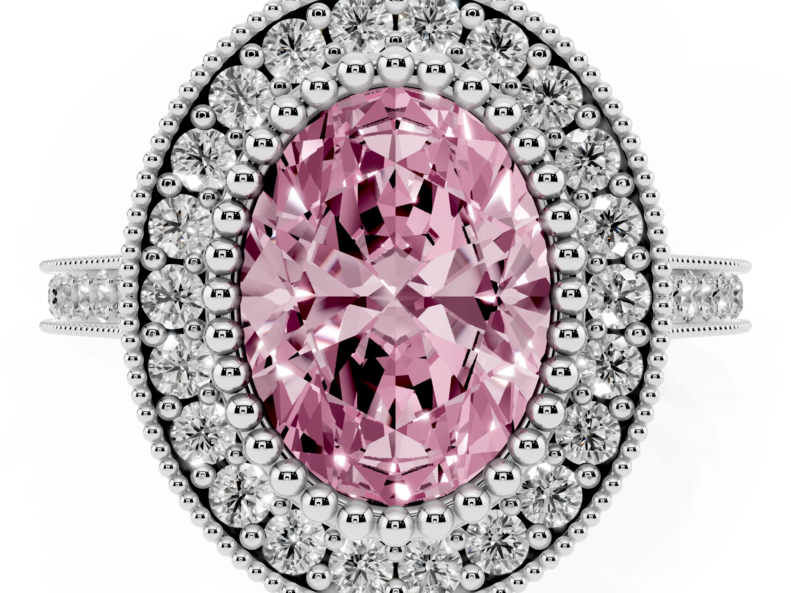 Fancy Pink Oval Cut Diamond Halo Ring Set in Silver with Milgrain Frame and Pavé Band