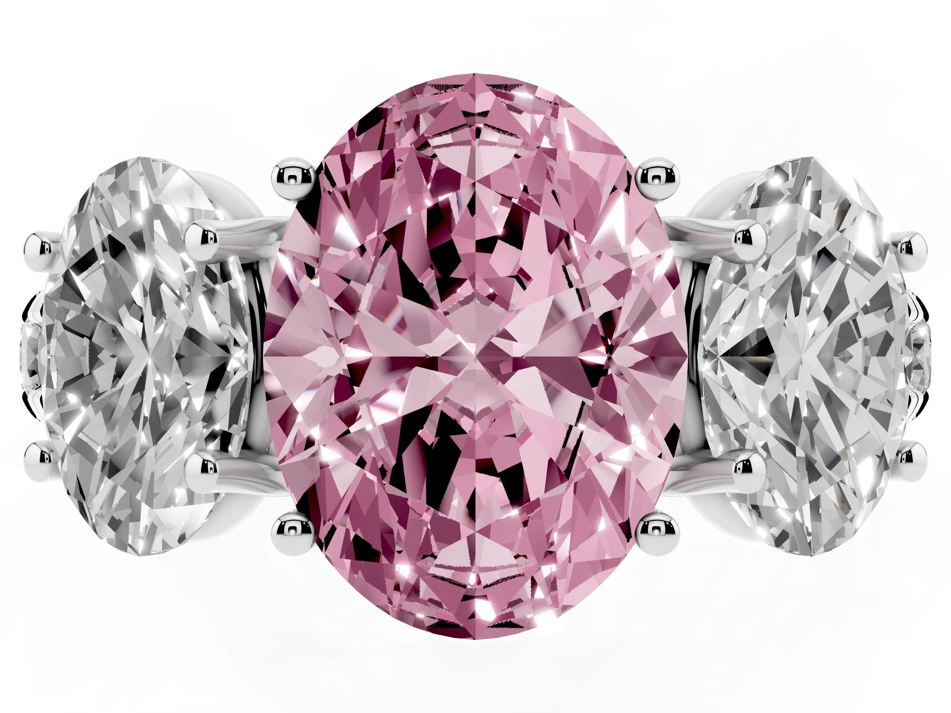 Fancy Pink Oval Cut Diamond Three-Stone Ring Set in Silver with Pavé Band