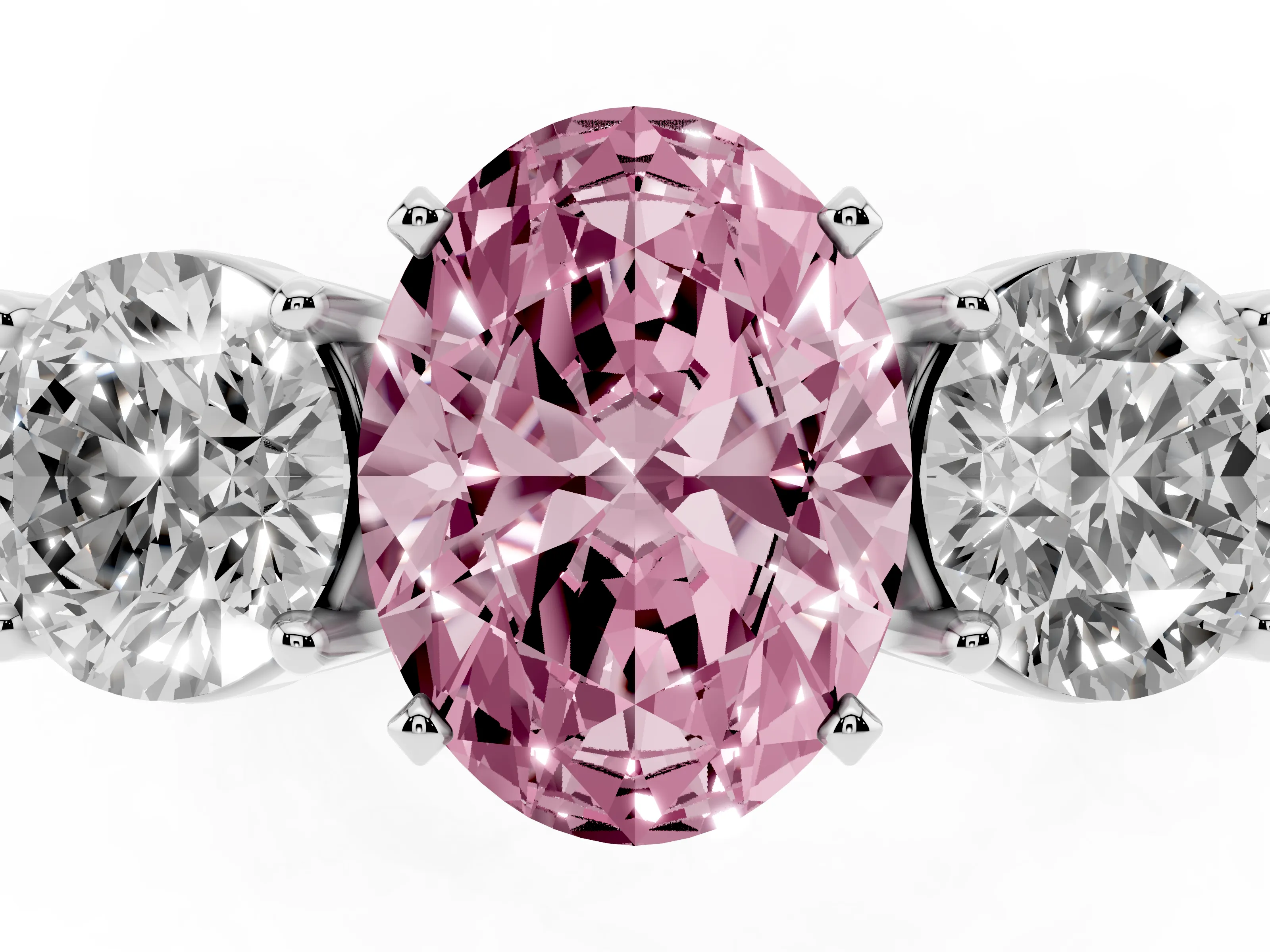 Fancy Pink Oval Cut Diamond Three-Stone Ring Set in White gold with Round Side Stones and Classic Band