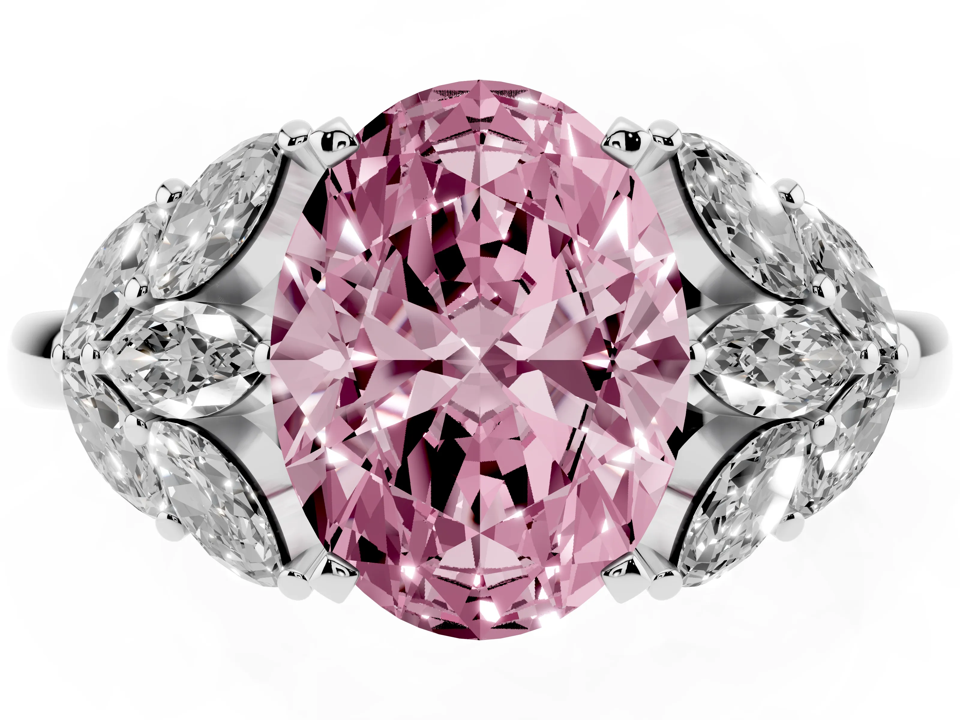 Fancy Pink Oval Cut Diamond Cluster Leaf Design Ring Set in White gold with Prong Setting