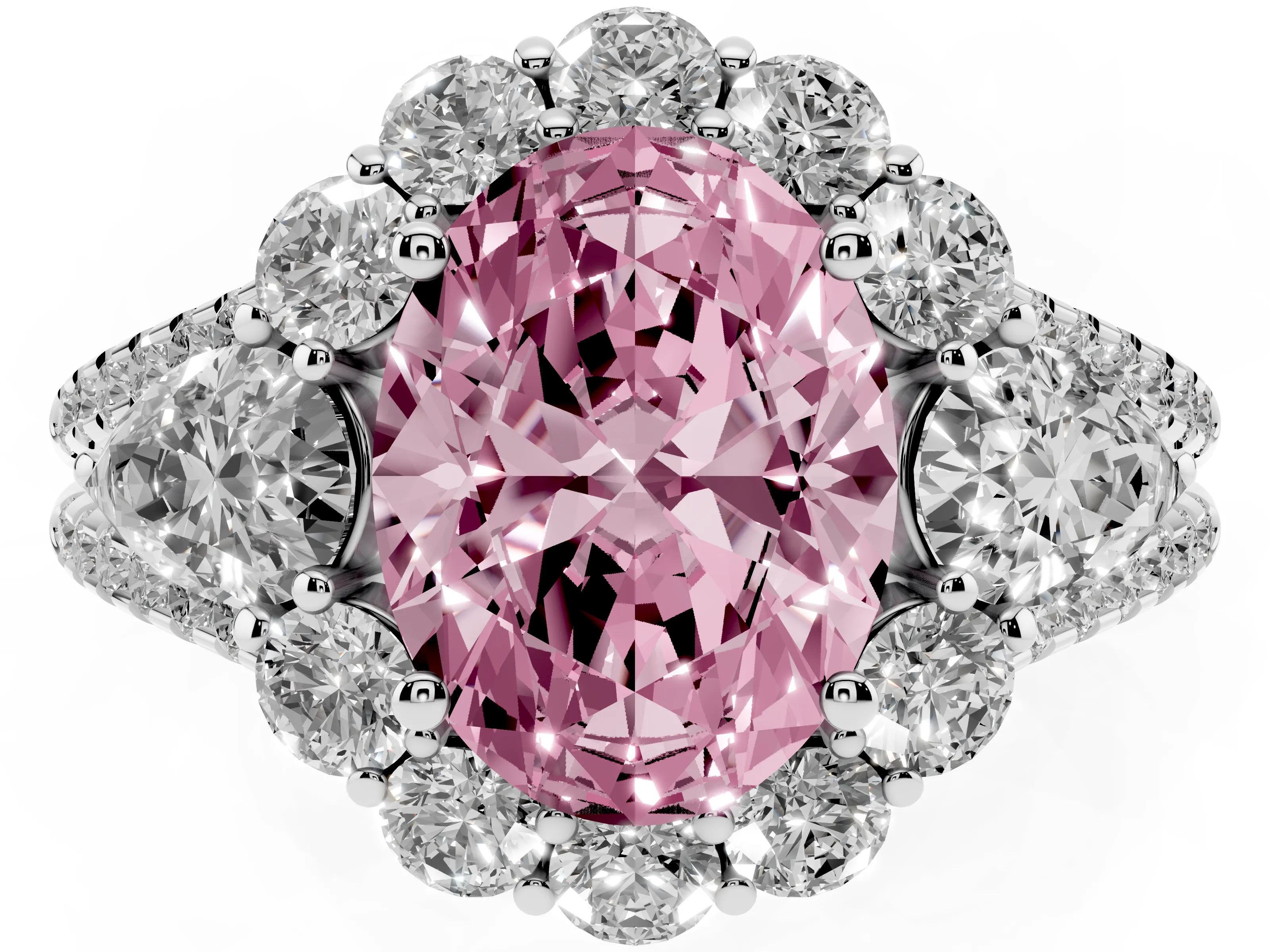 Fancy Pink Oval Cut Diamond Halo Split Shank Engagement Ring Set in Silver with Prong-Held Center Stone