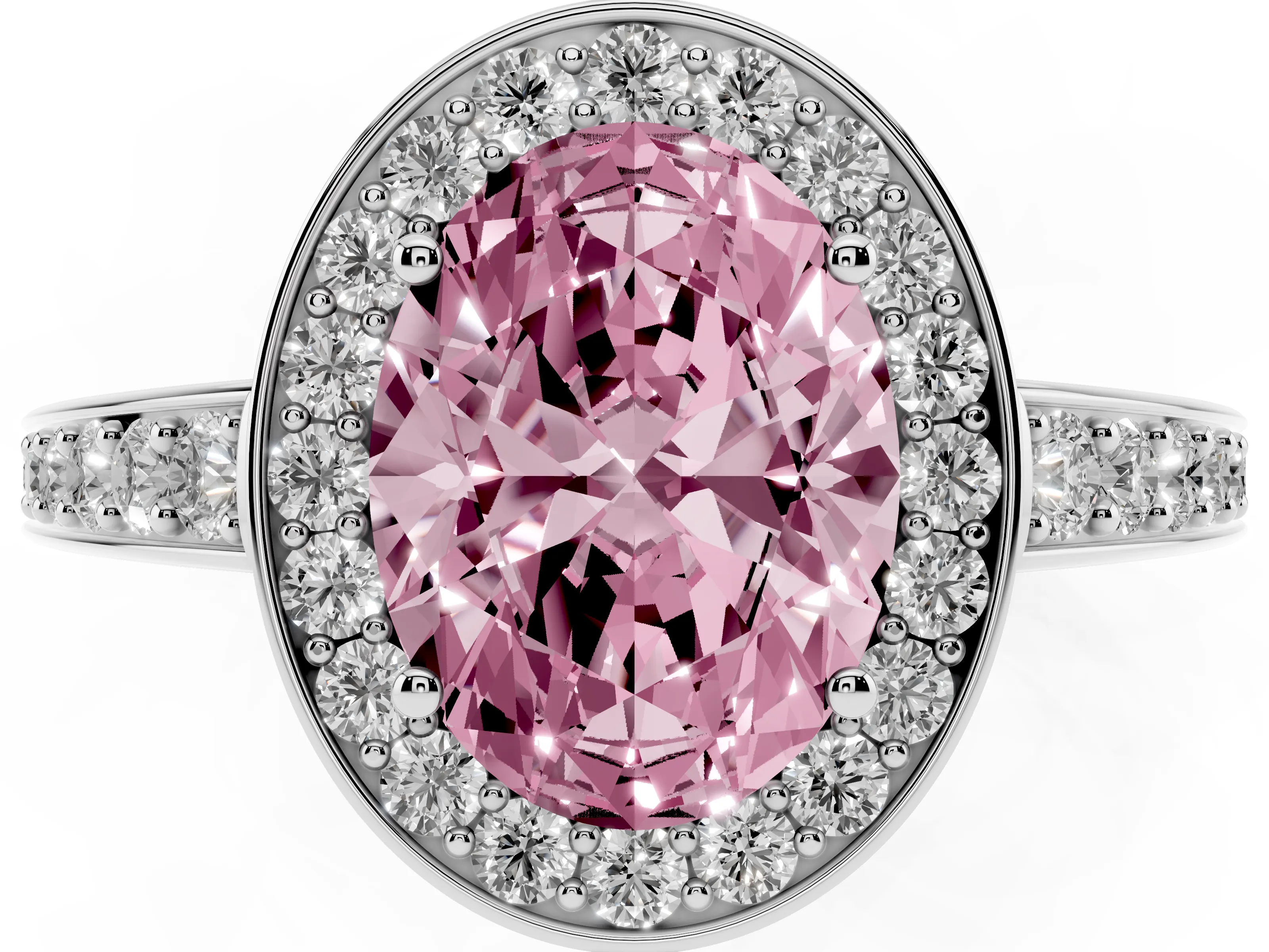 Fancy Pink Oval Cut Diamond Halo Pavé Engagement Ring Set in Platinum with Bezel Setting