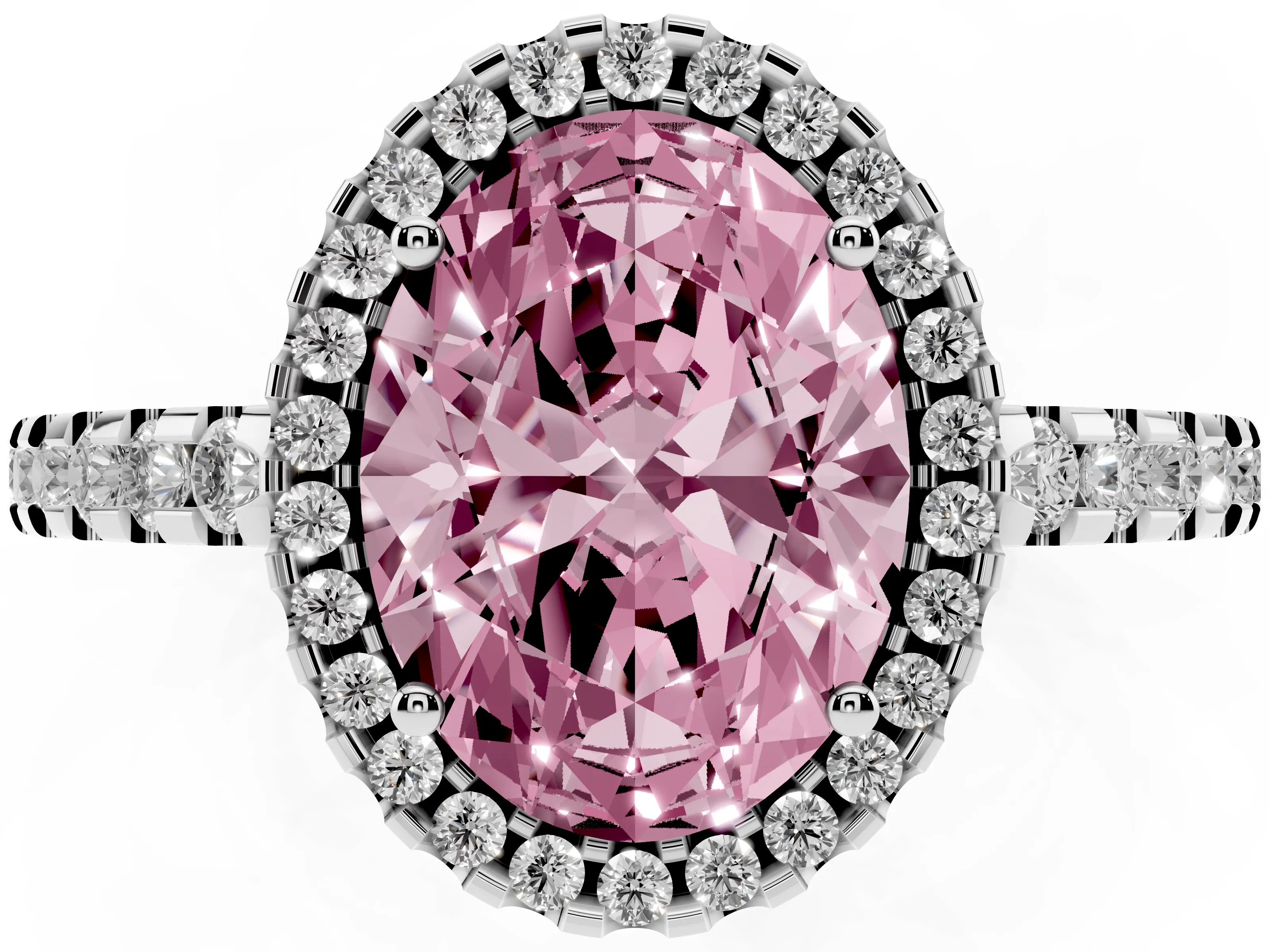 Fancy Pink Oval Cut Diamond Halo Ring Set in Silver with Pavé Shoulders and Halo-Framed Center