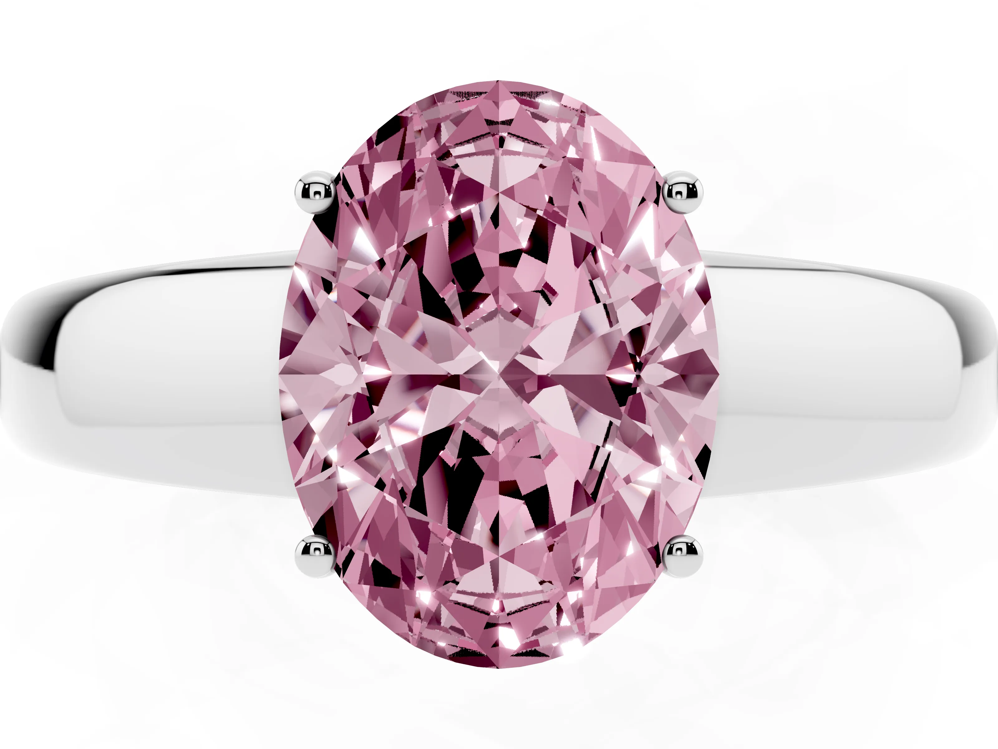 Fancy Pink Oval Cut Diamond Solitaire Ring Set in Silver with Tapered Band and Prong Setting