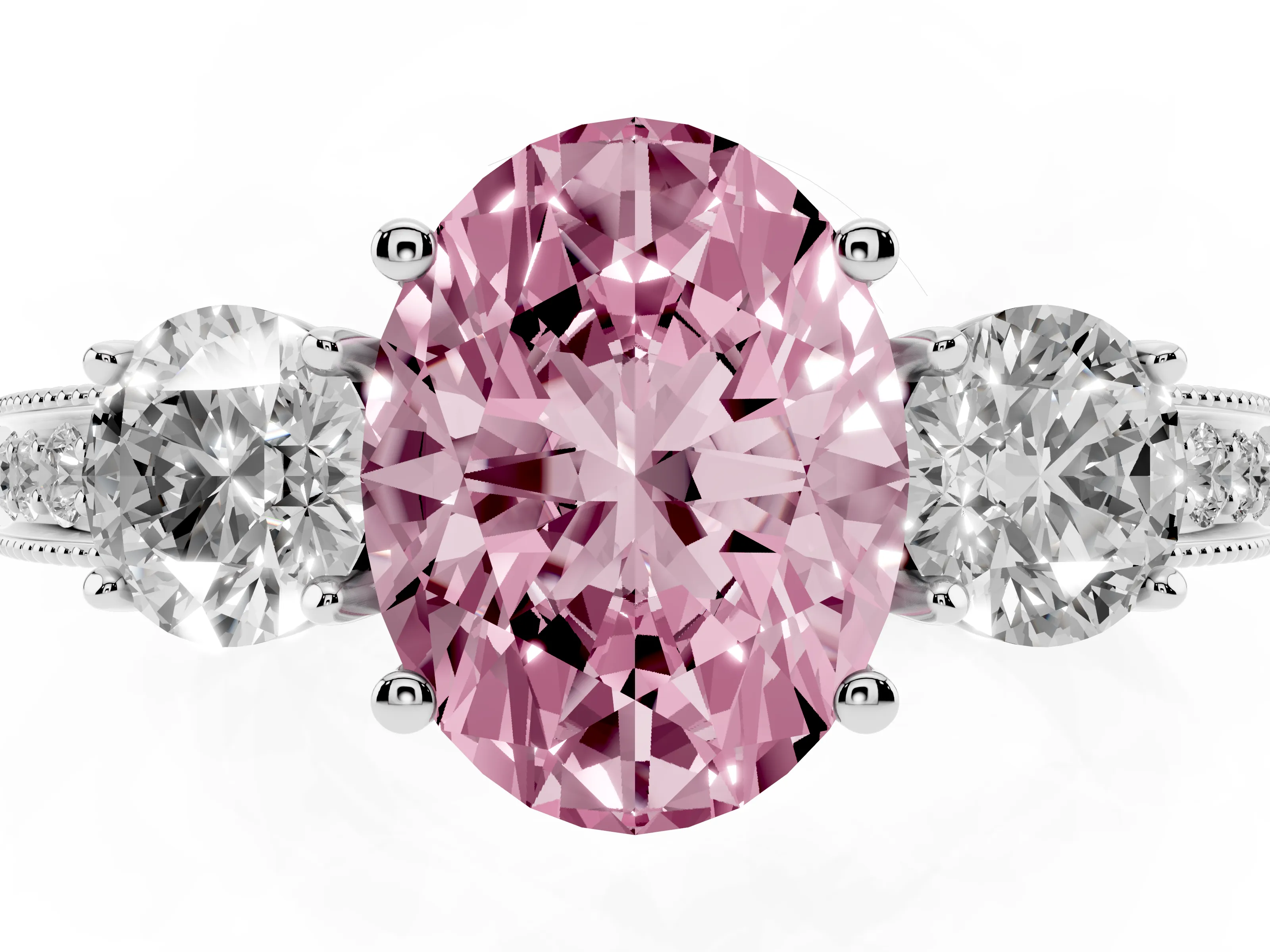 Fancy Pink Oval Cut Diamond Three-Stone Ring Set in Silver with Round Side Stones and Pavé Band