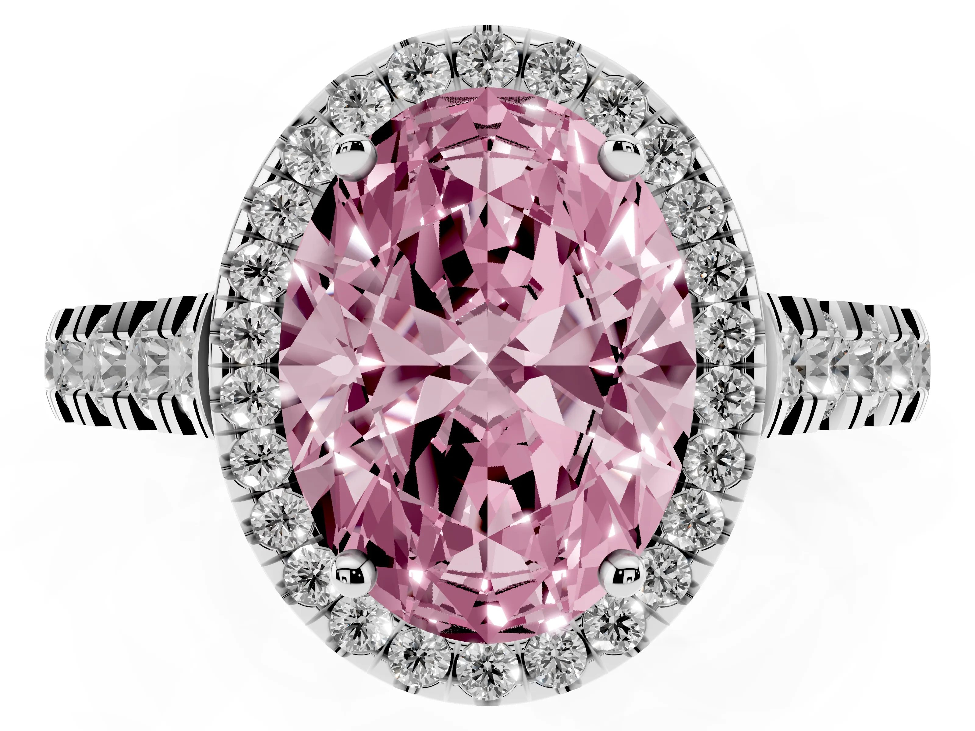Fancy Pink Oval Cut Diamond Halo Engagement Ring Set in Platinum with Pavé Band and Prong-Set Center