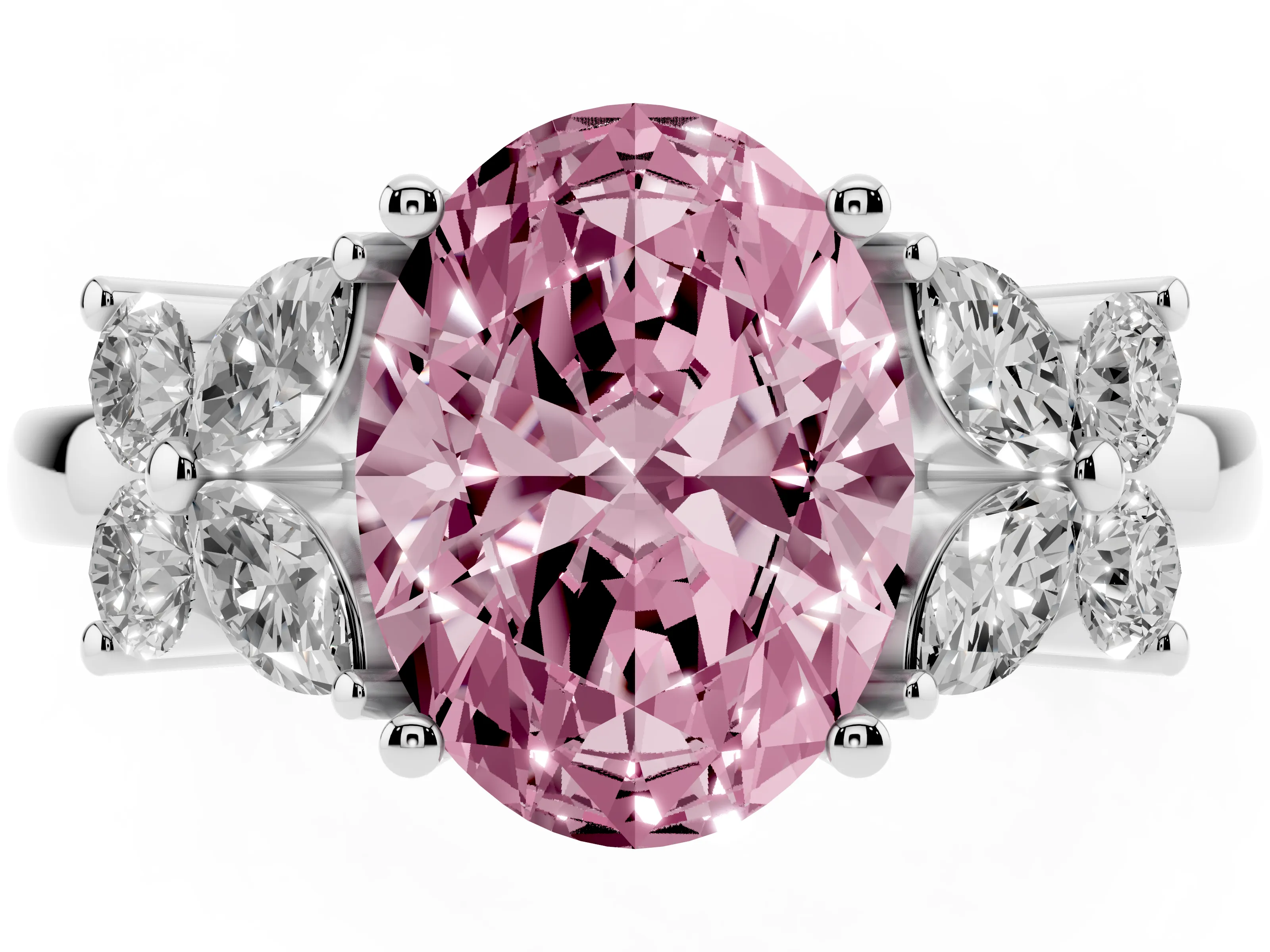Fancy Pink Oval Cut Diamond Floral Cluster Ring Set in Silver with Marquise Petals and Prong Setting