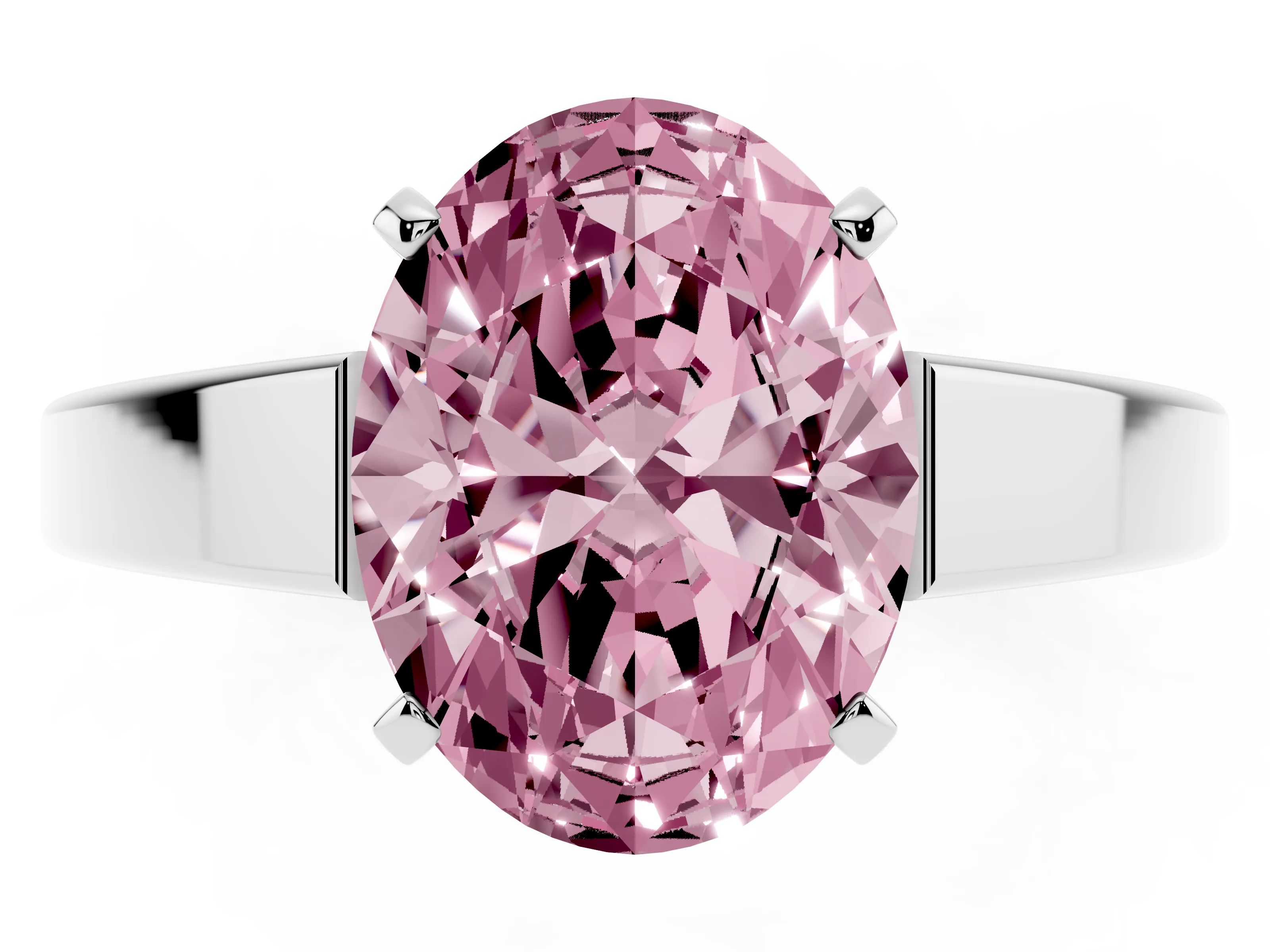 Fancy Pink Oval Cut Diamond Solitaire Engagement Ring Set in White gold with Prong Setting and Tapered Band