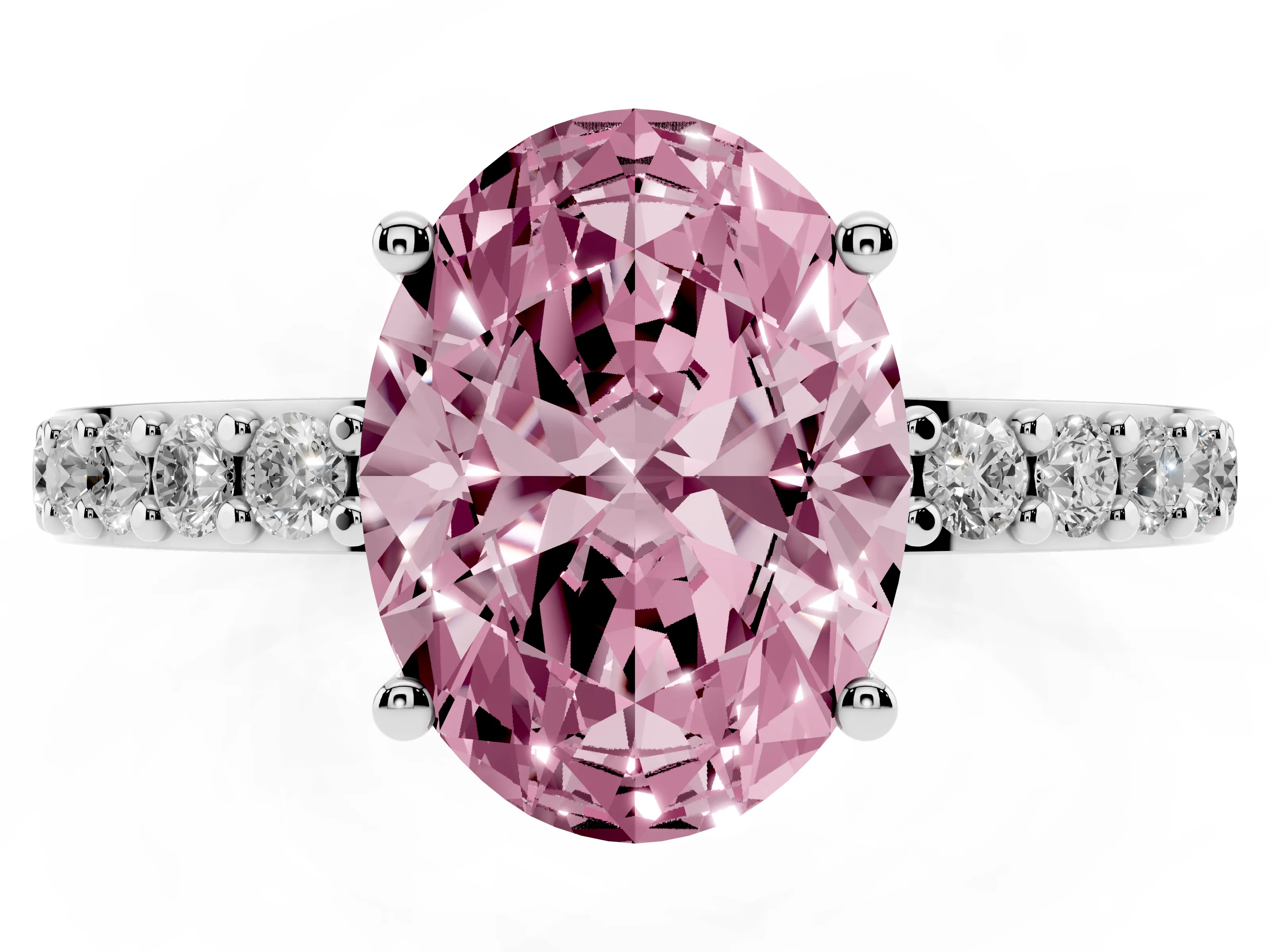Fancy Pink Oval Cut Diamond Solitaire Set in White gold with Round Pavé Band and Prong Setting