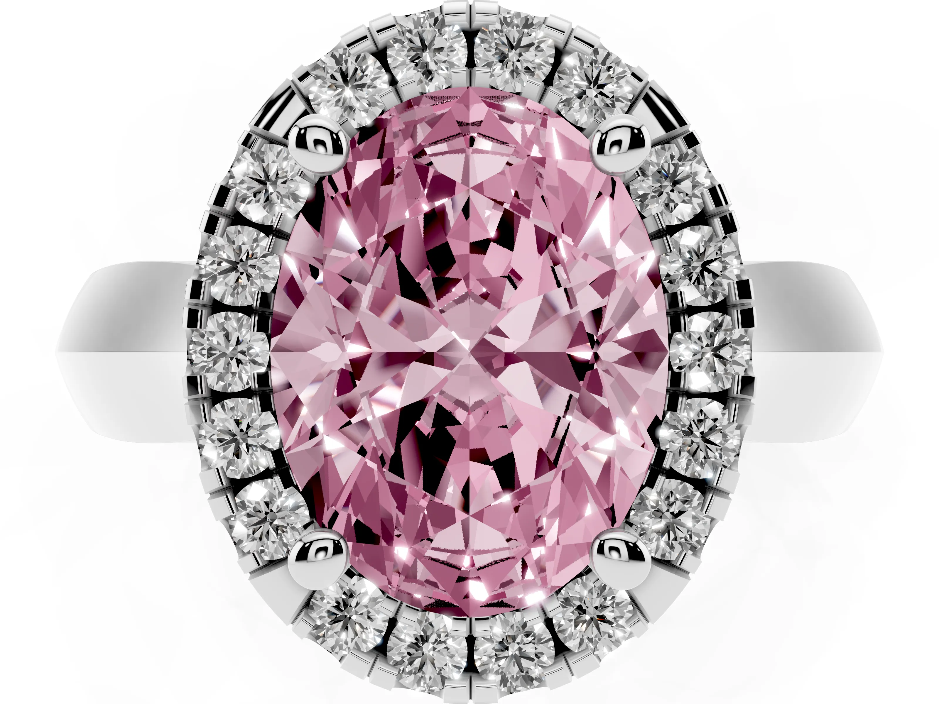 Fancy Pink Oval Cut Diamond Halo Solitaire Engagement Ring Set in Silver with Square Band and Prong Setting