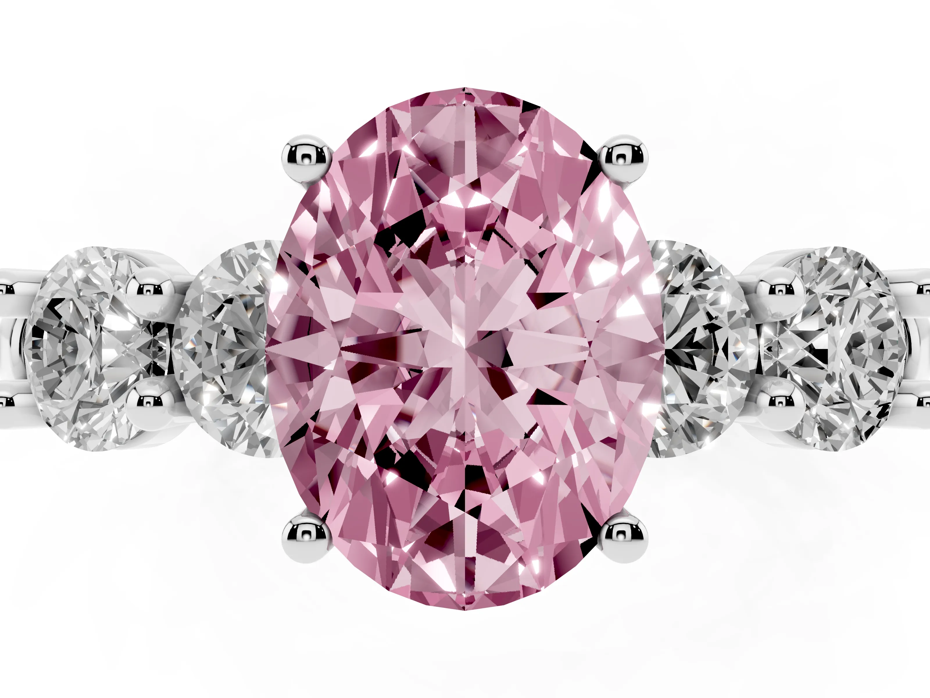Fancy Pink Oval Cut Diamond Five-Stone Prong Set Ring Set in Silver with Classic Band