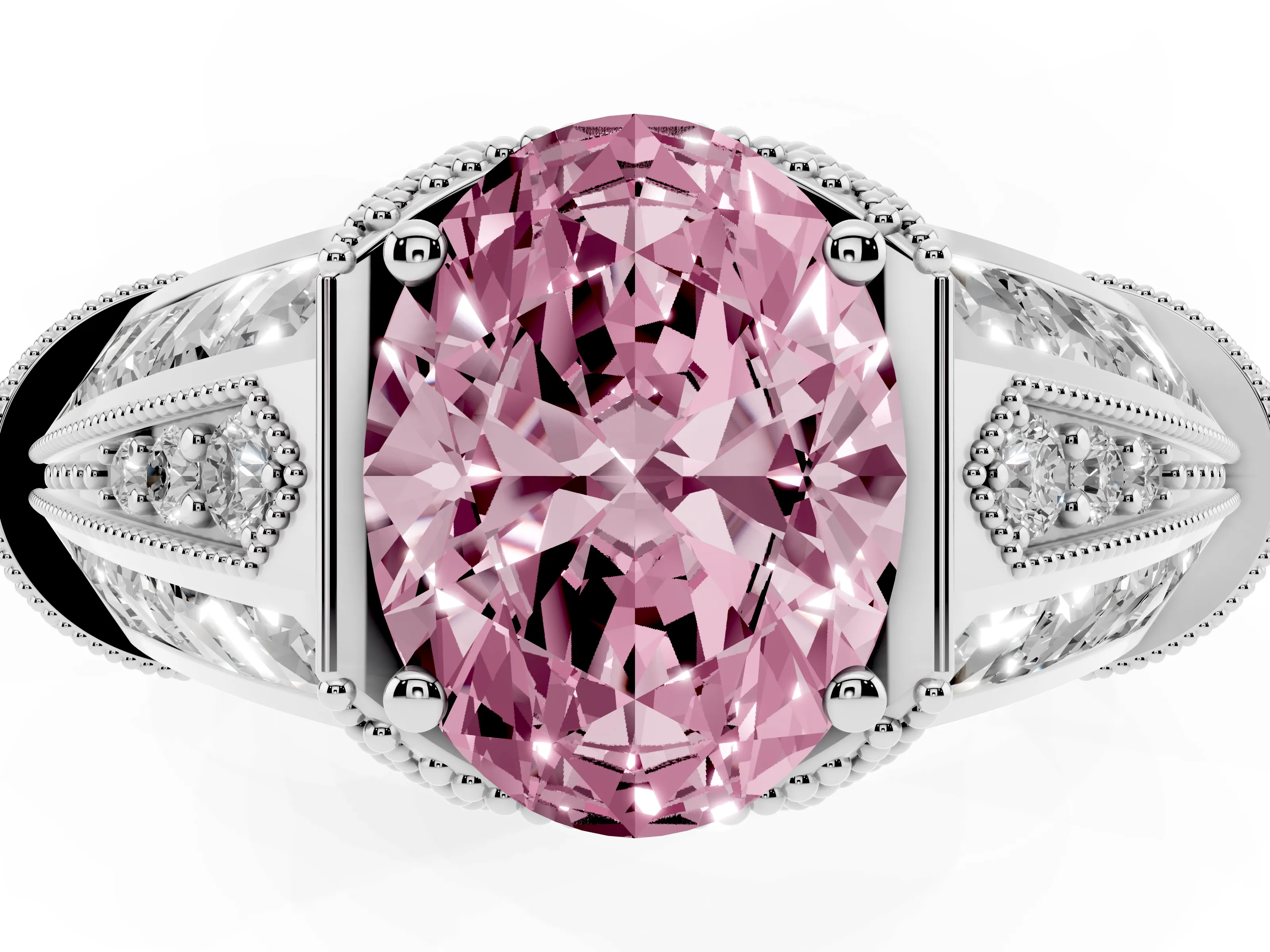 Fancy Pink Oval Cut Diamond Vintage-Inspired Milgrain Ring Set in Silver with Accent Split Shank