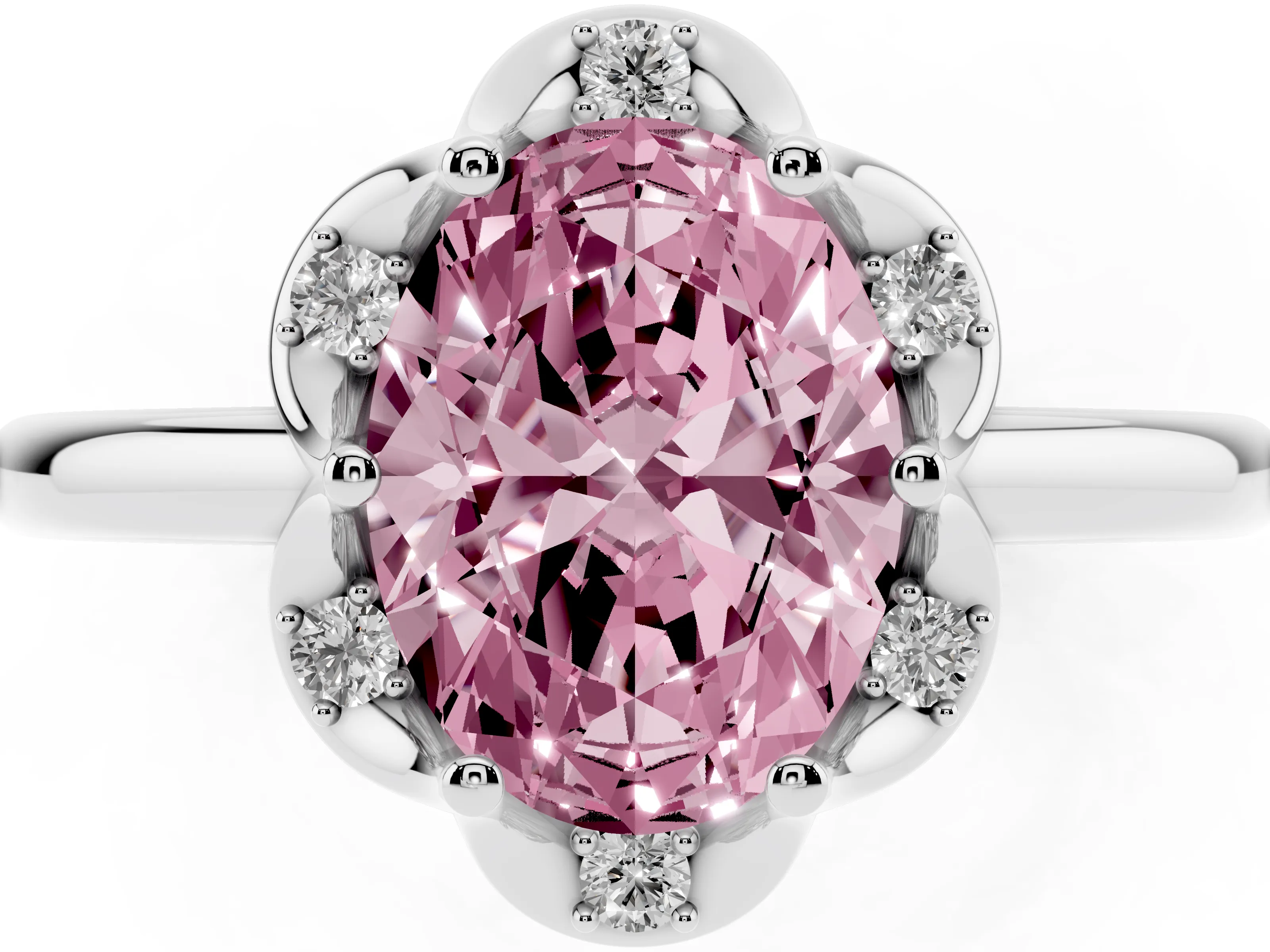 Fancy Pink Oval Cut Diamond Round Cluster Halo Ring Set in Platinum with Solitaire Band and Prong Setting