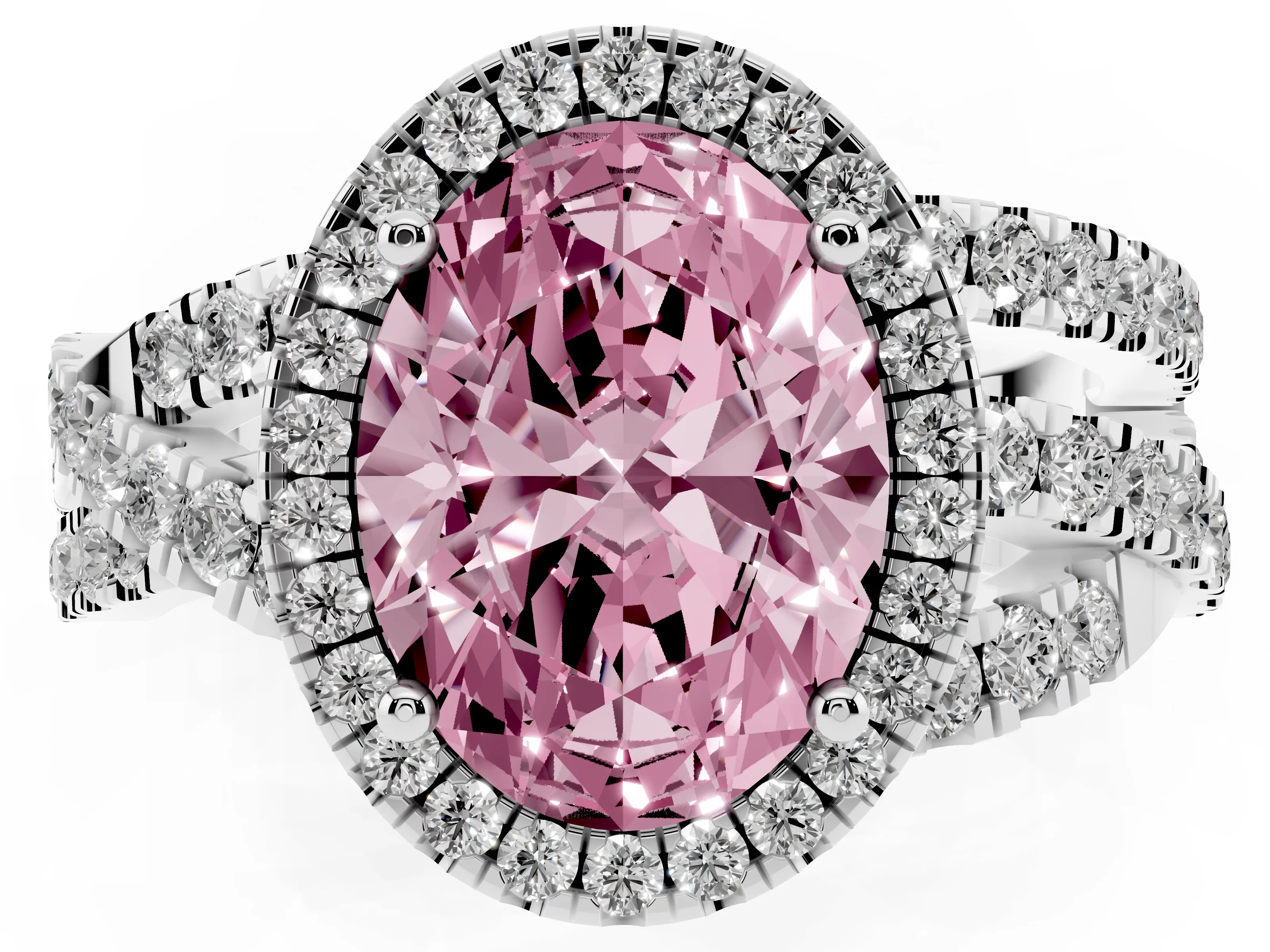 Fancy Pink Oval Cut Diamond Halo Ring Set in Platinum with Round Crossover Split Shank and Prong Setting
