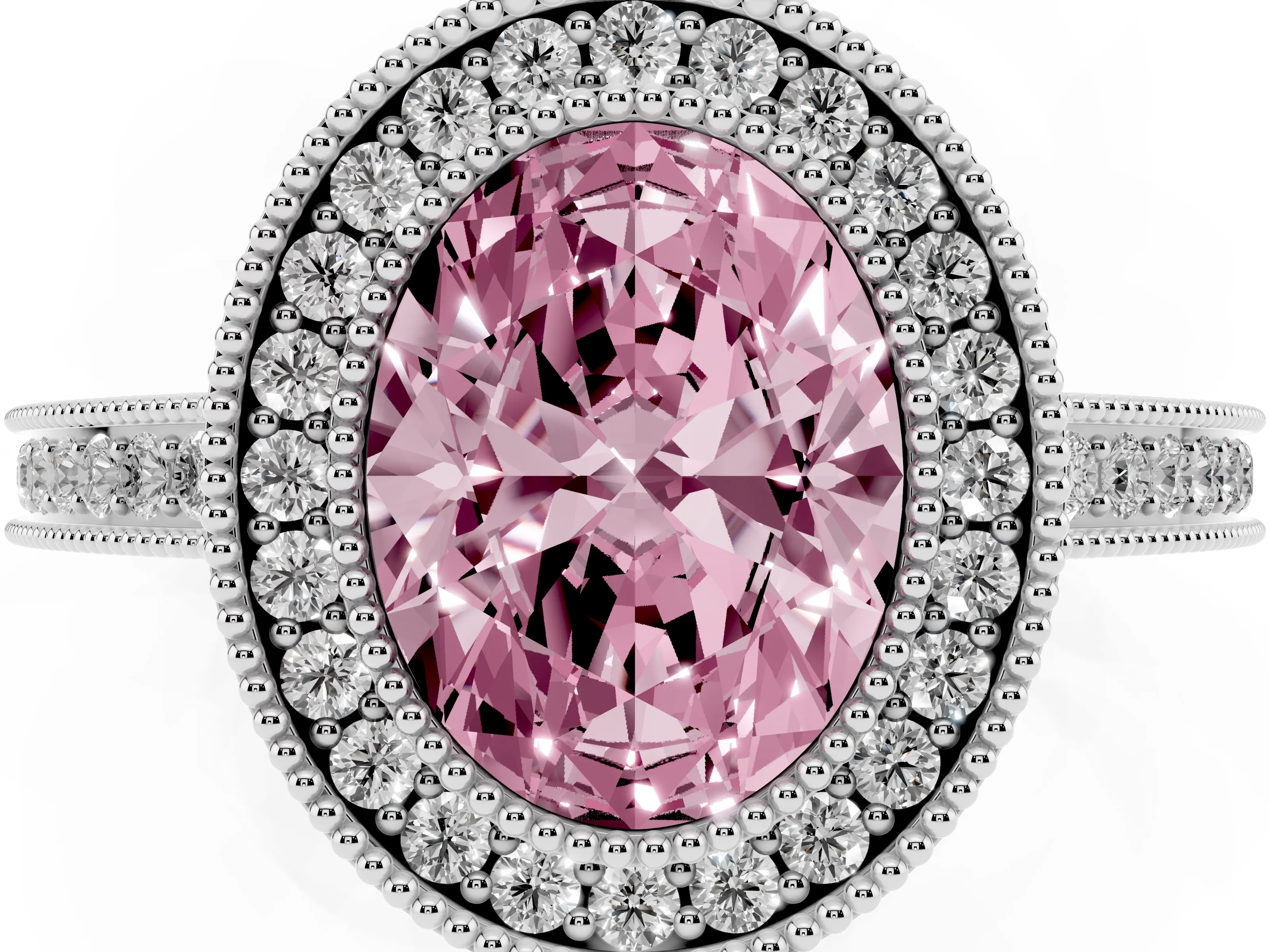 Fancy Pink Oval Cut Diamond Halo Ring Set in Platinum with Pavé Band and Milgrain-Edged Prongs