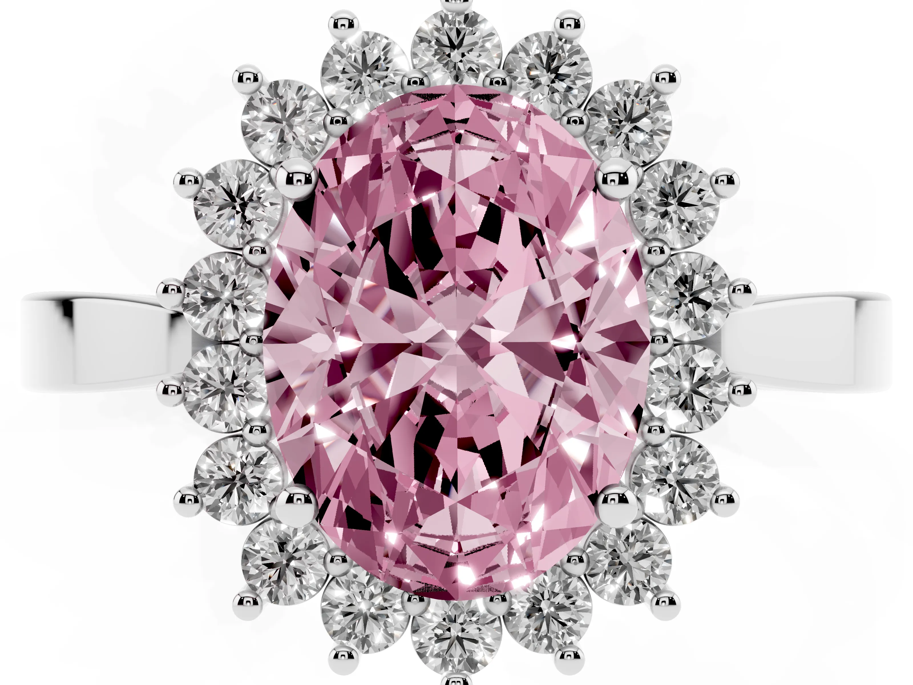 Fancy Pink Oval Cut Diamond Halo Ring Set in White gold with Round Halo and Smooth Solitaire Band