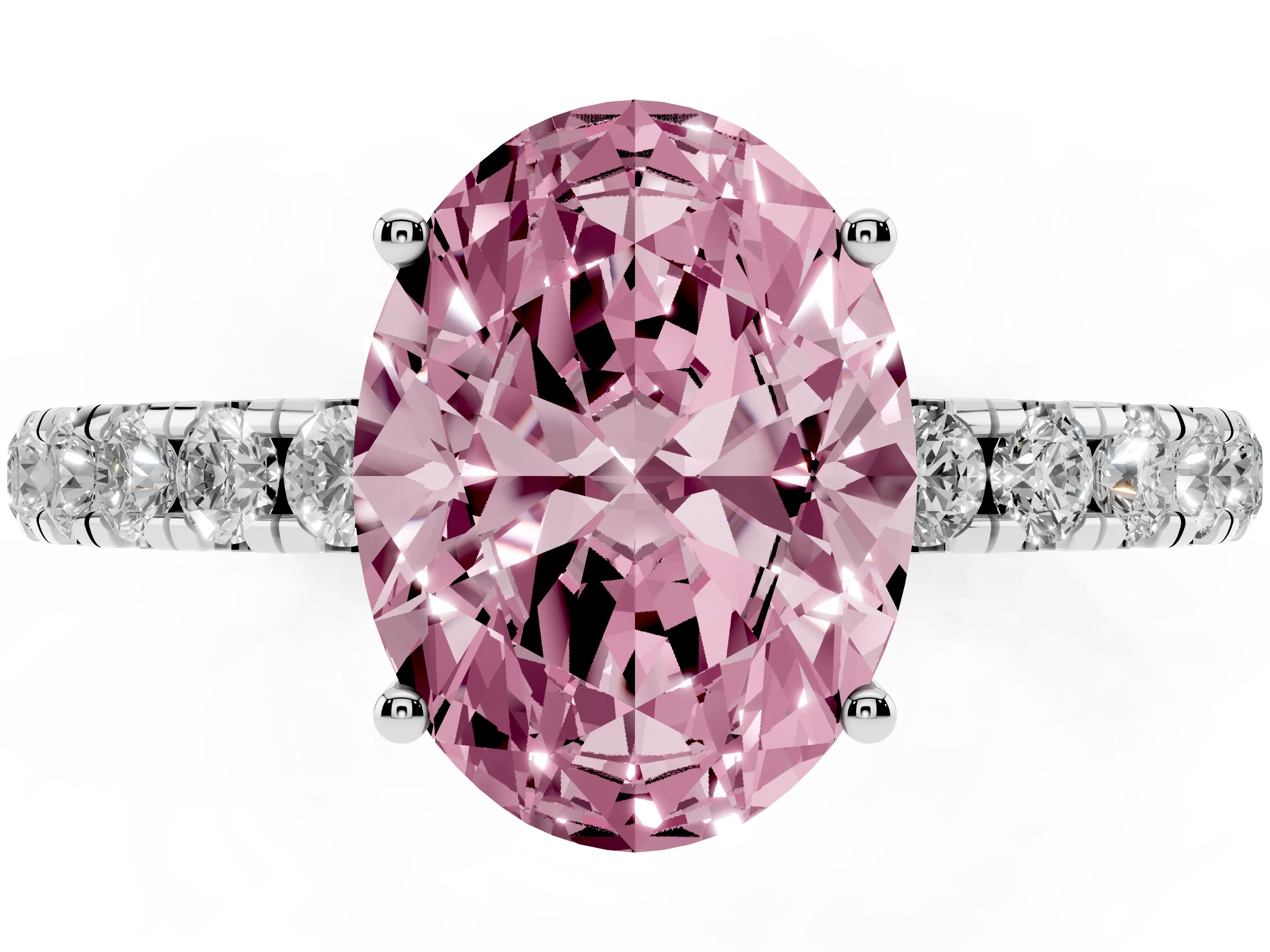 Fancy Pink Oval Cut Diamond Pavé Solitaire Engagement Ring Set in Platinum with Prong Setting