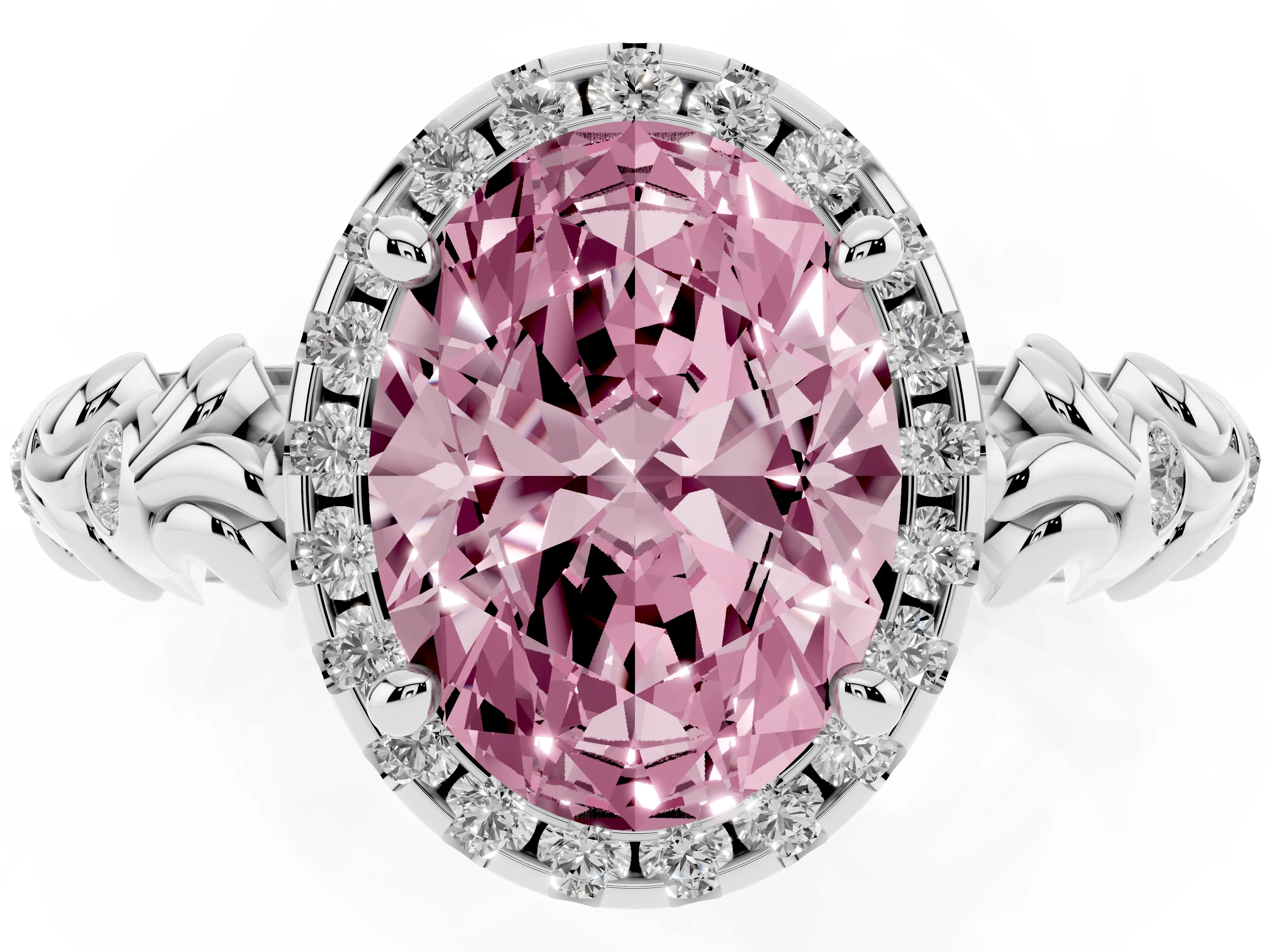 Fancy Pink Oval Cut Diamond Halo Ring Set in White gold with Filigree Leaf Band and Prong Setting