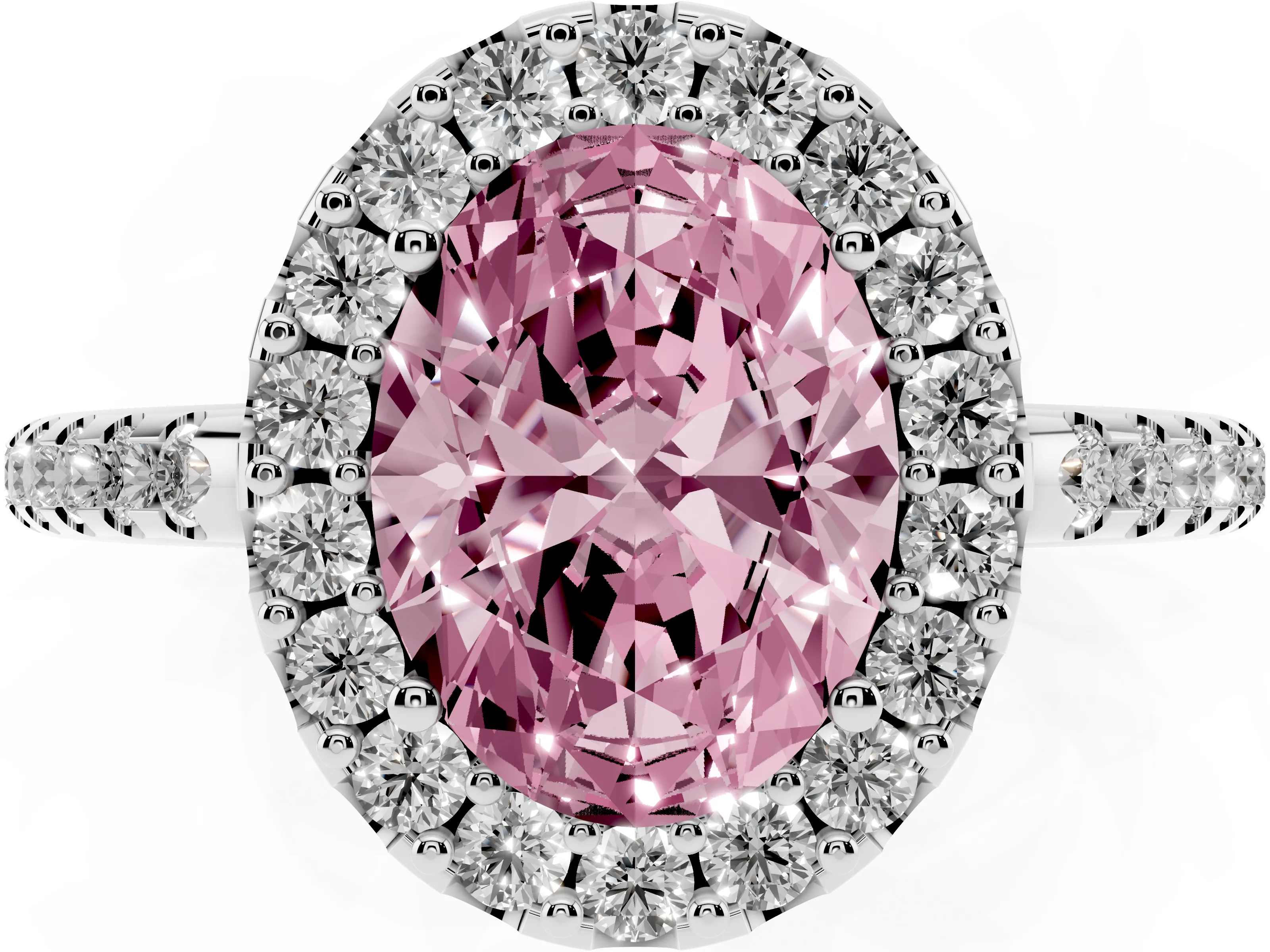 Fancy Pink Oval Cut Diamond Pavé Halo Ring Set in White gold with Prong Setting