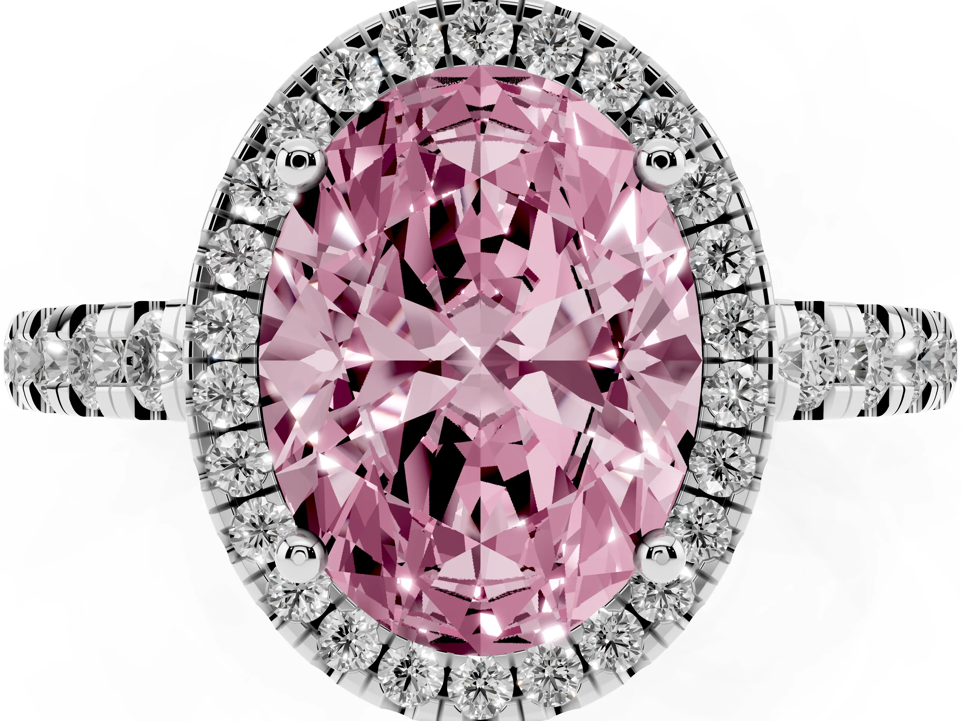 Fancy Pink Oval Cut Diamond Halo Ring Set in Platinum with Delicate Pavé Band and Prong Setting
