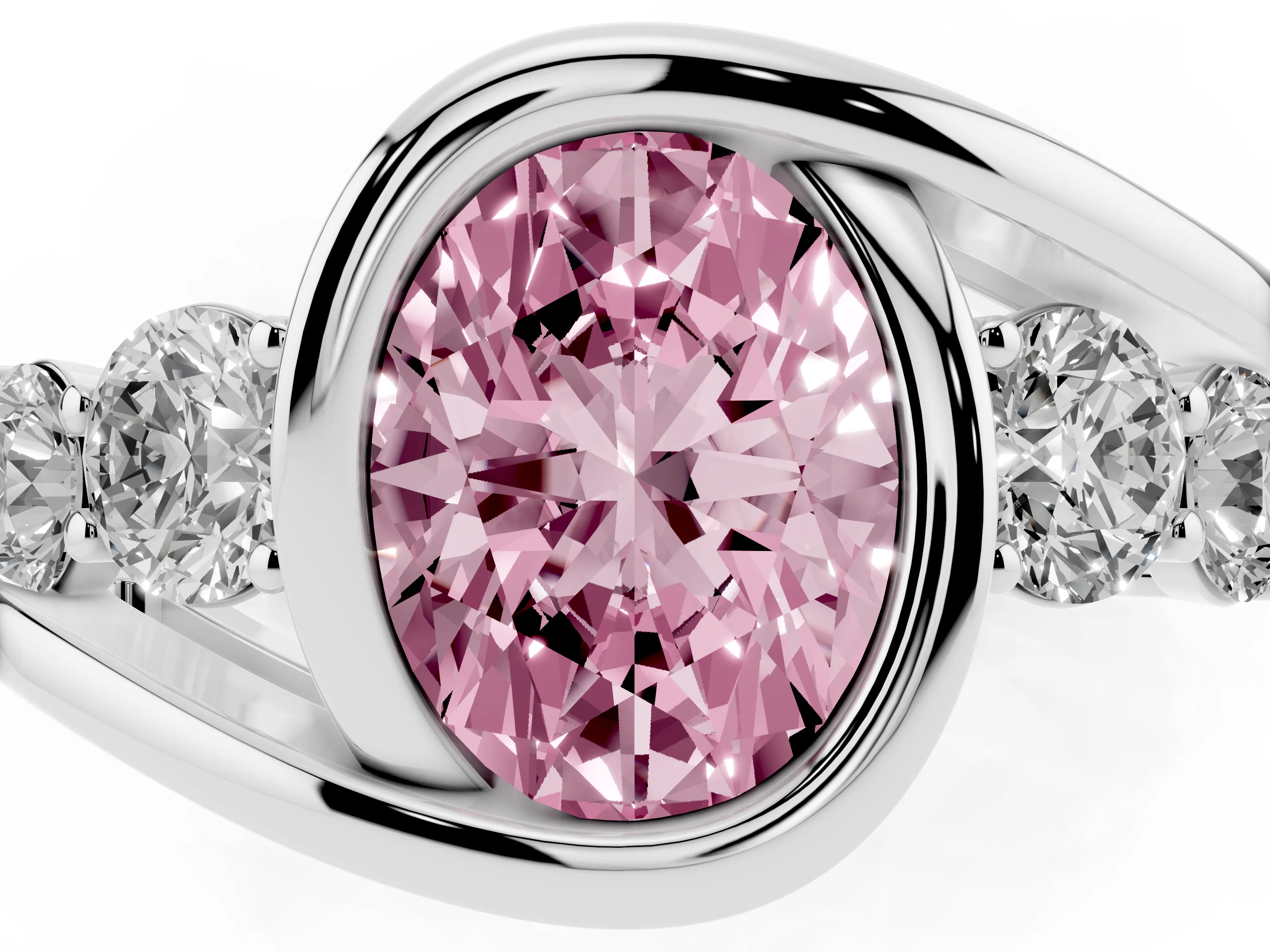 Fancy Pink Oval Cut Diamond Bezel Bypass Ring Set in Silver with Round Accents