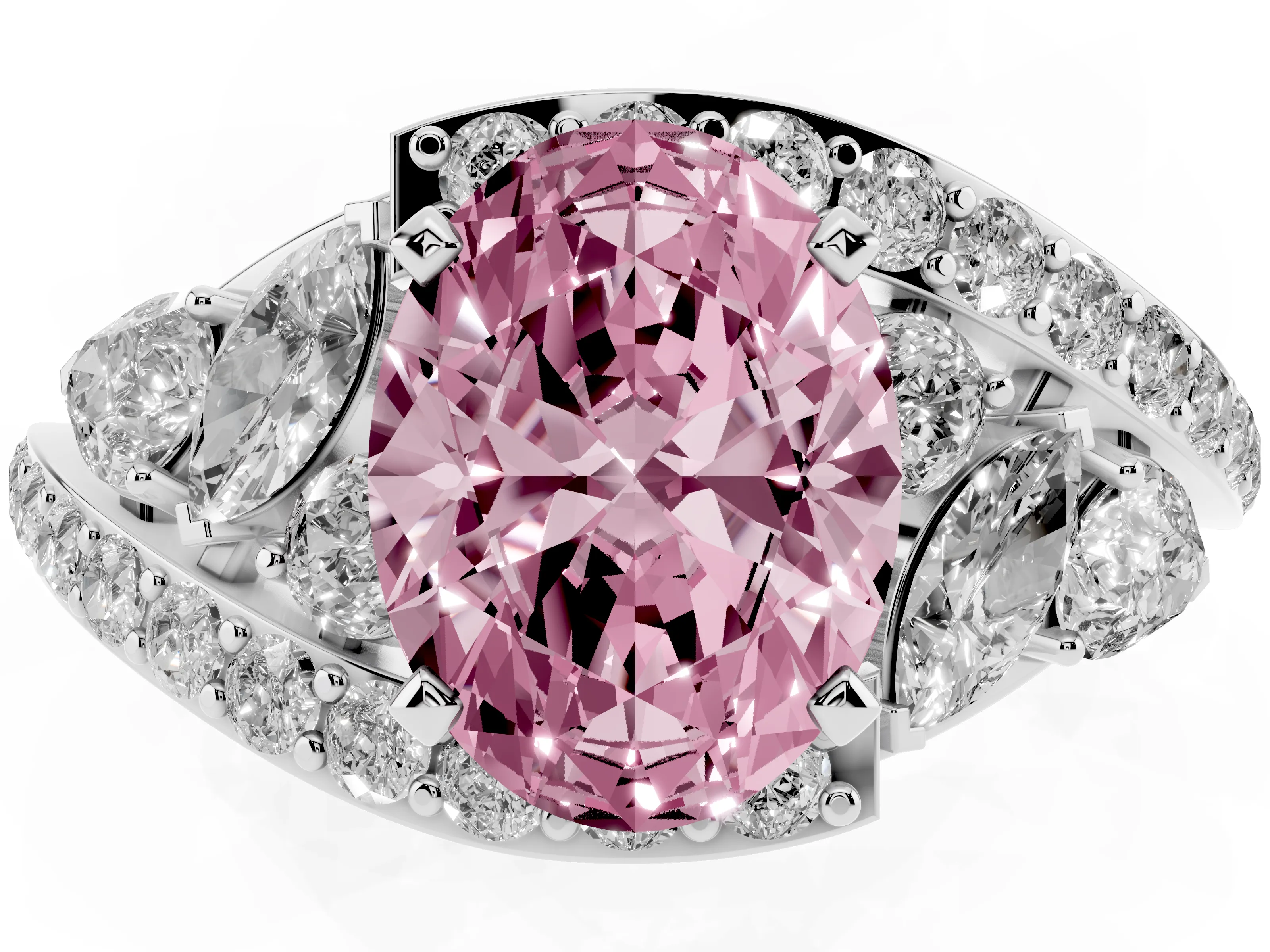 Fancy Pink Oval Cut Diamond Halo Ring Set in Platinum with Marquise and Pavé Band in Prong Setting