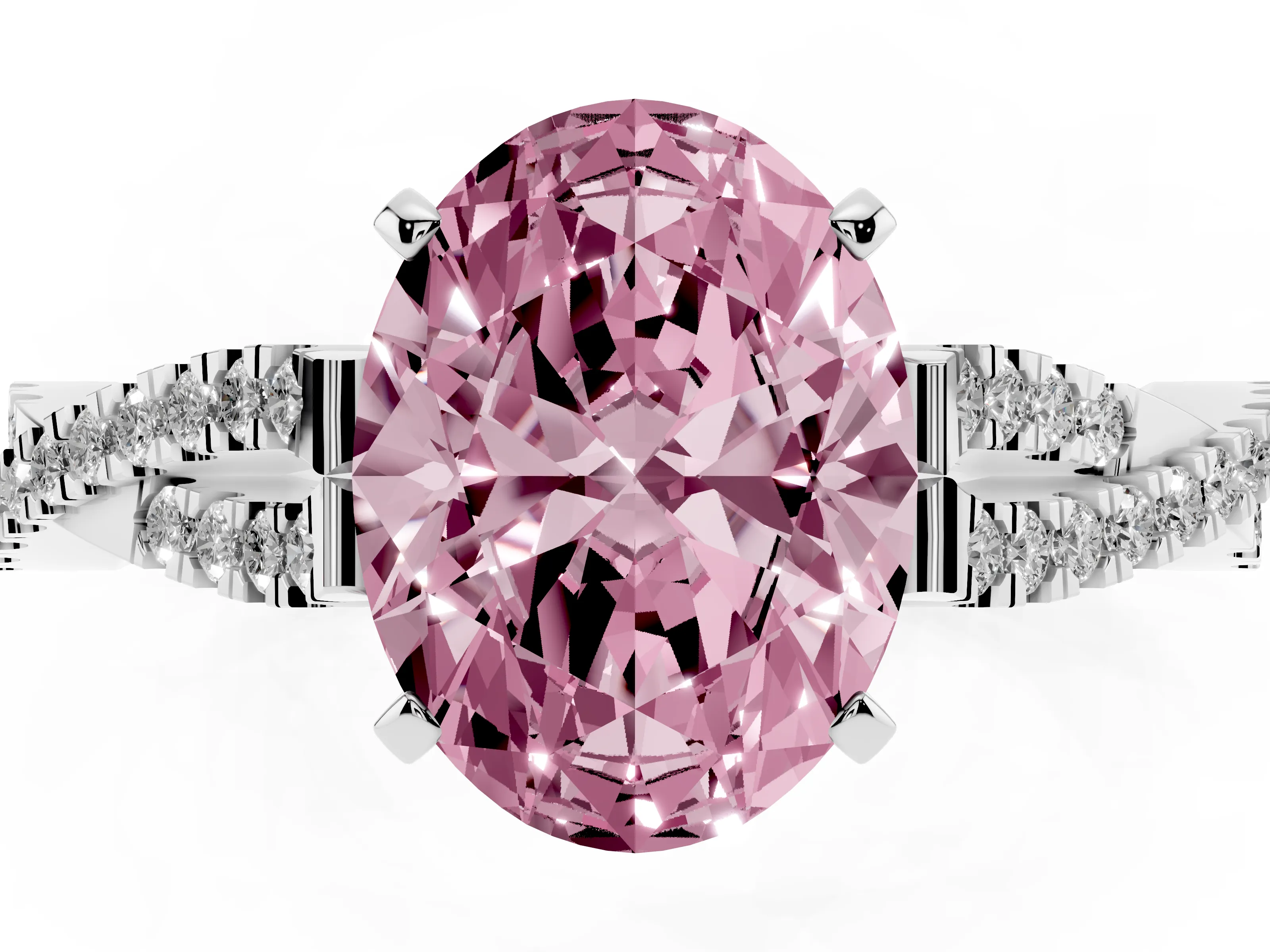 Fancy Pink Oval Cut Diamond Solitaire Engagement Ring Set in Silver with Twisted Pavé Band and Prong Setting