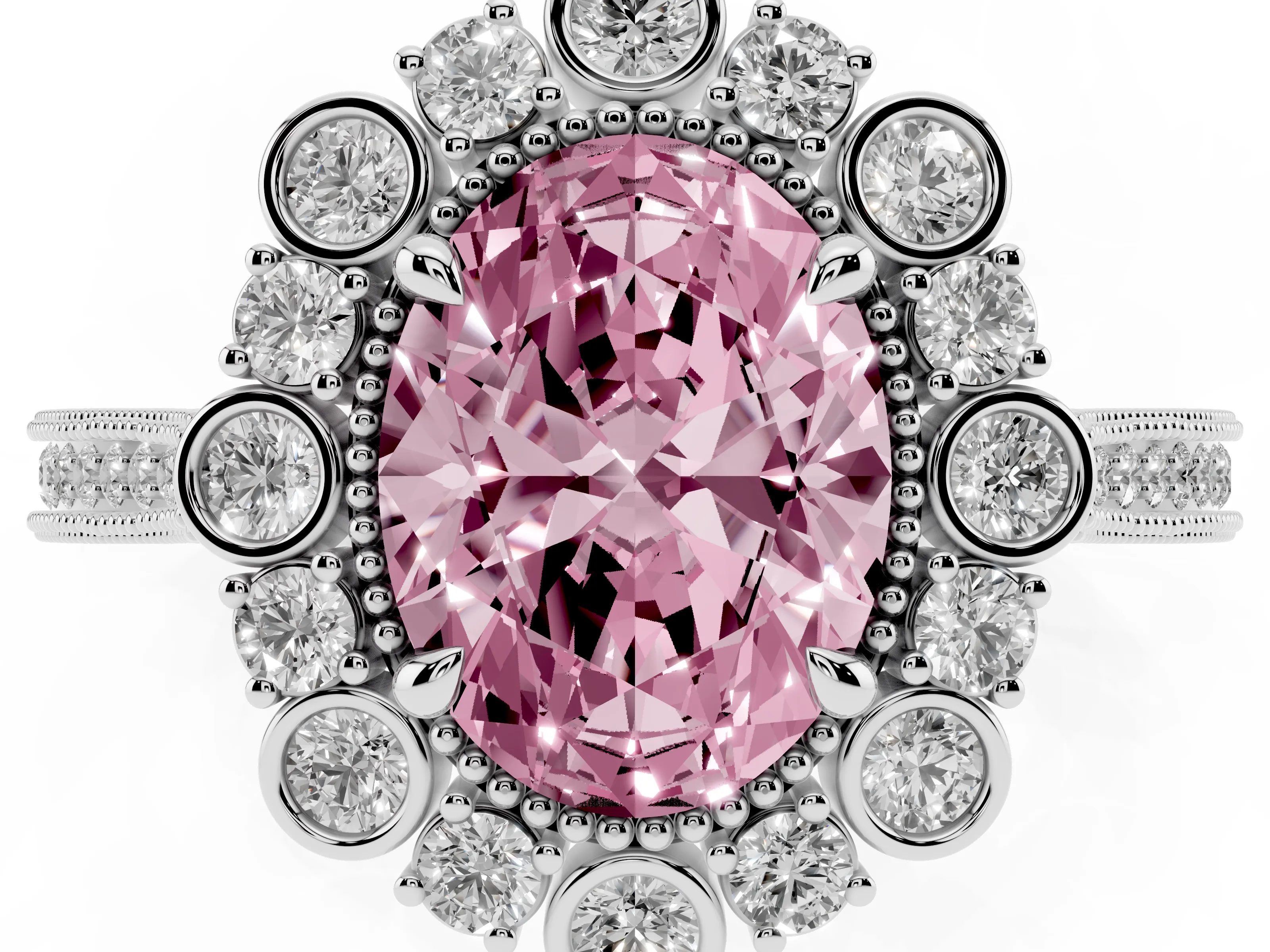 Fancy Pink Oval Cut Diamond Halo Milgrain Pavé Ring Set in Silver with Prong Setting