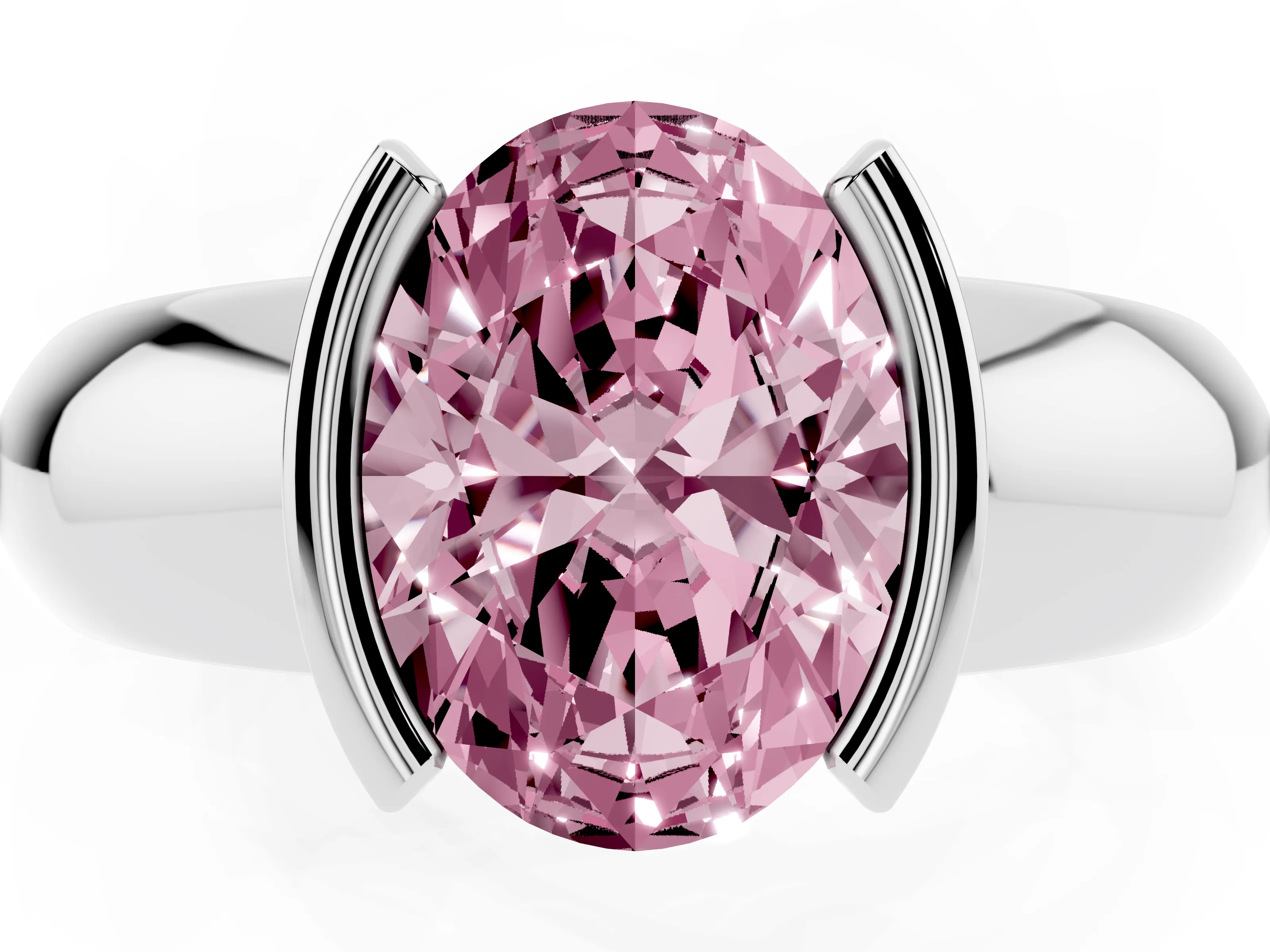 Fancy Pink Oval Cut Diamond Solitaire Tension Set Ring Set in Silver with Wide Band