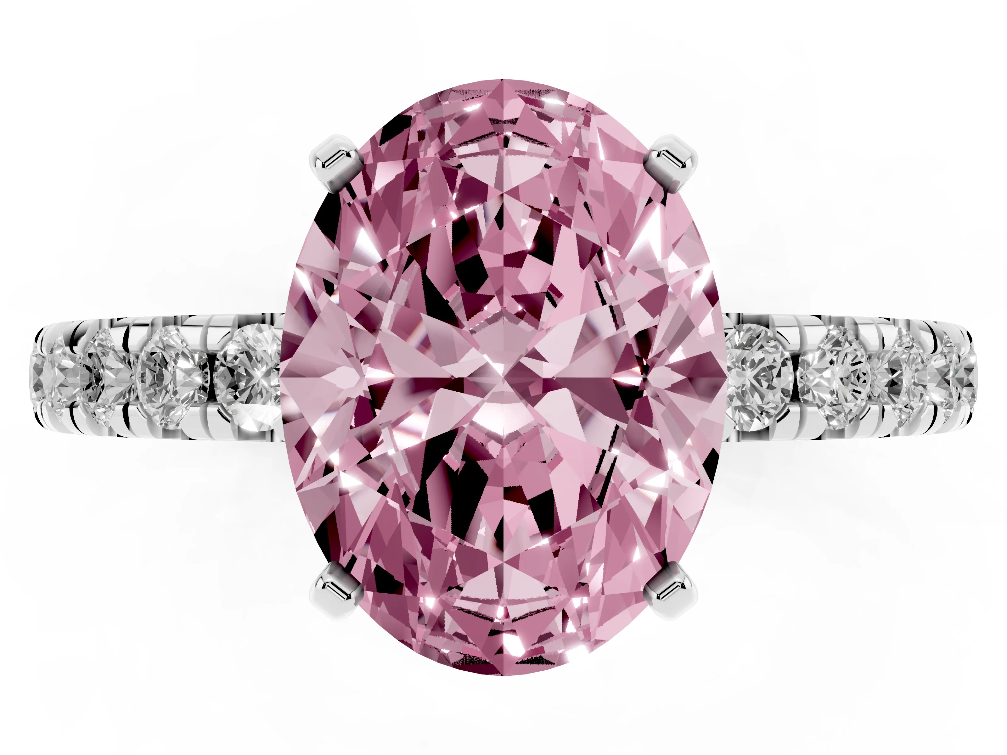 Fancy Pink Oval Cut Diamond Pavé Solitaire Ring Set in Platinum with Round Band and Prong Setting