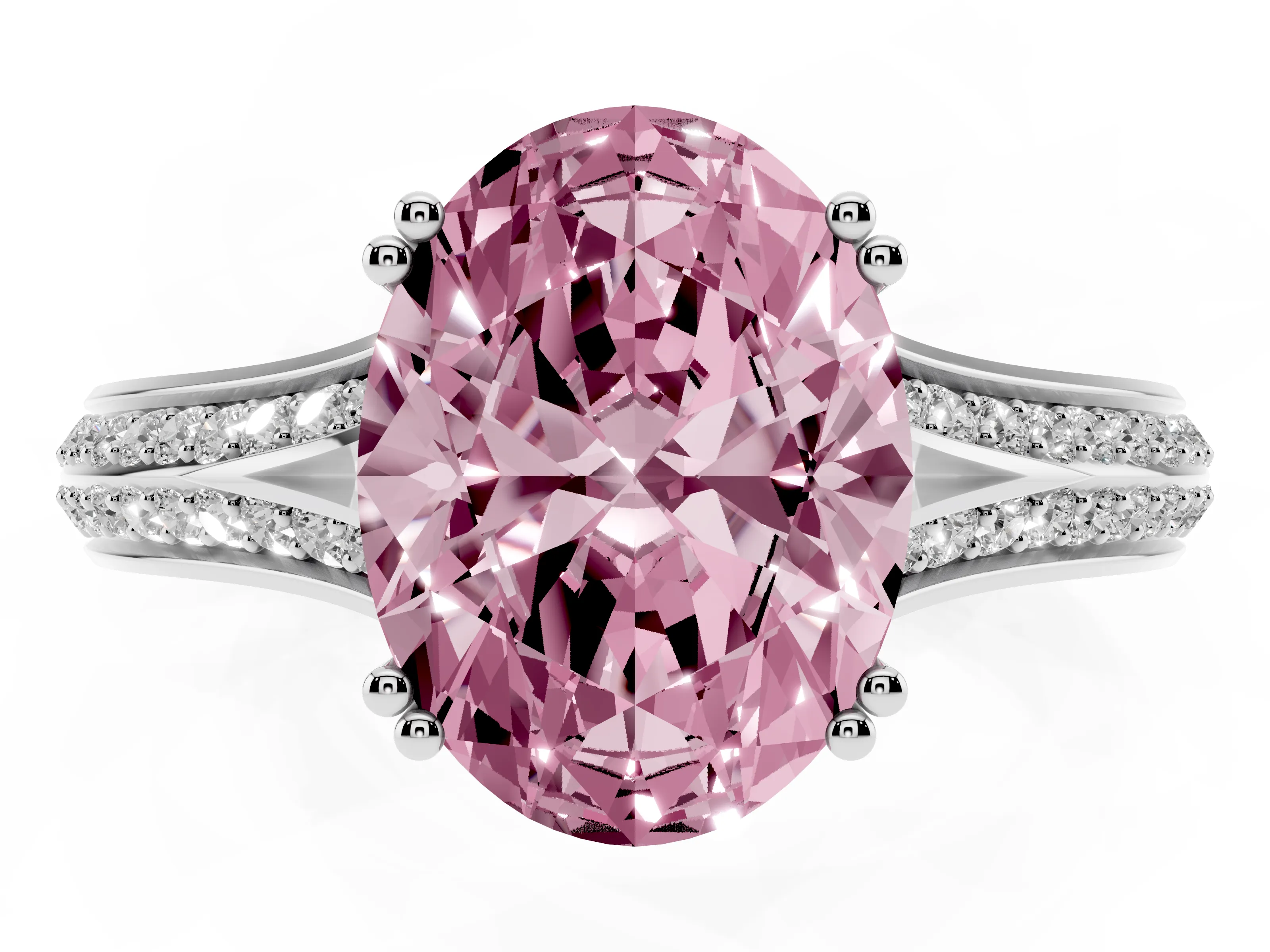 Fancy Pink Oval Cut Diamond Split Shank Pavé Engagement Ring Set in White gold with Prong-Set Center Stone