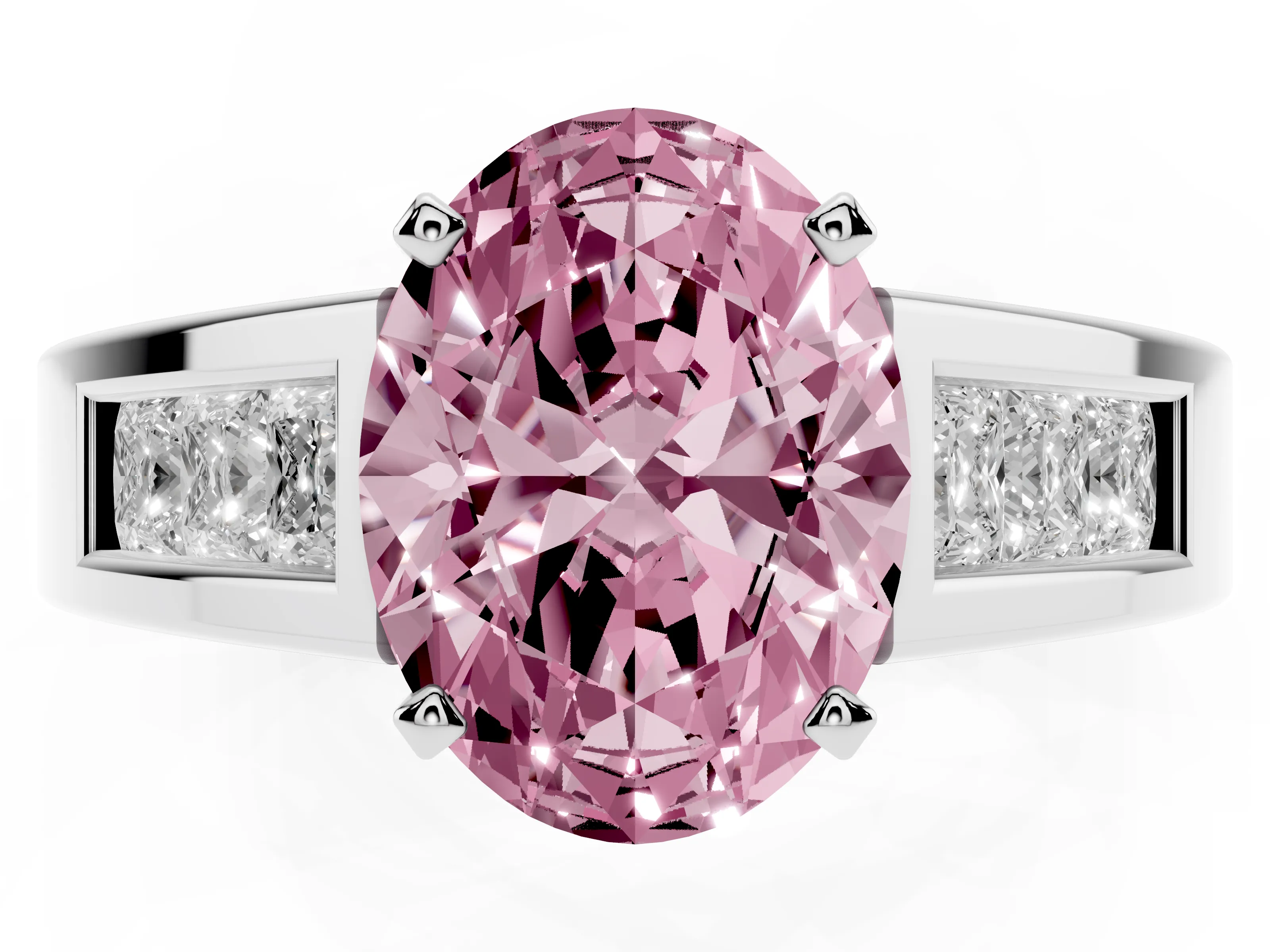 Fancy Pink Oval Cut Diamond Solitaire Ring Set in Platinum with Channel-Set Accent Stones and Prong Setting