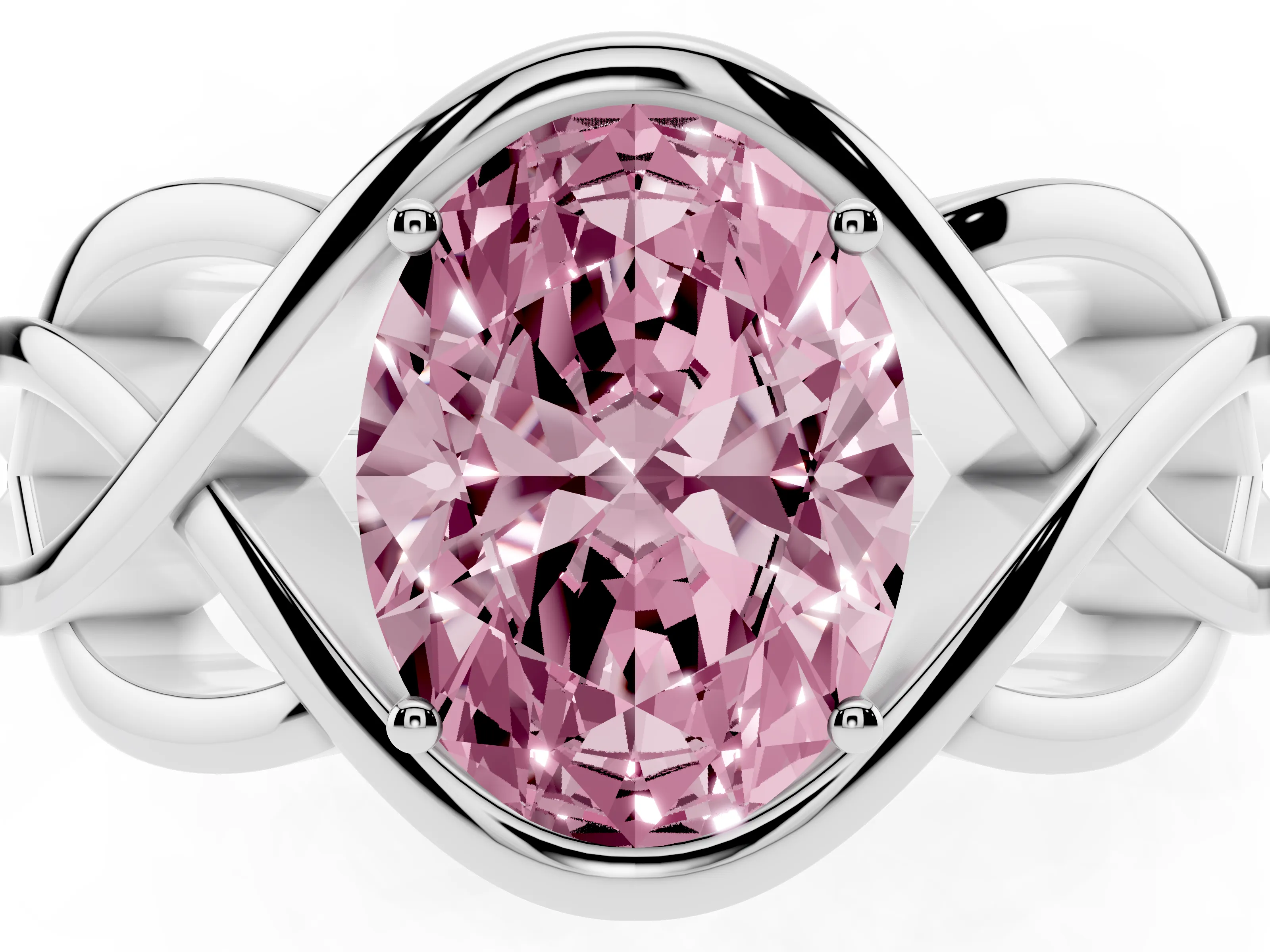 Fancy Pink Oval Cut Diamond Solitaire Ring Set in Platinum with Intertwined Band