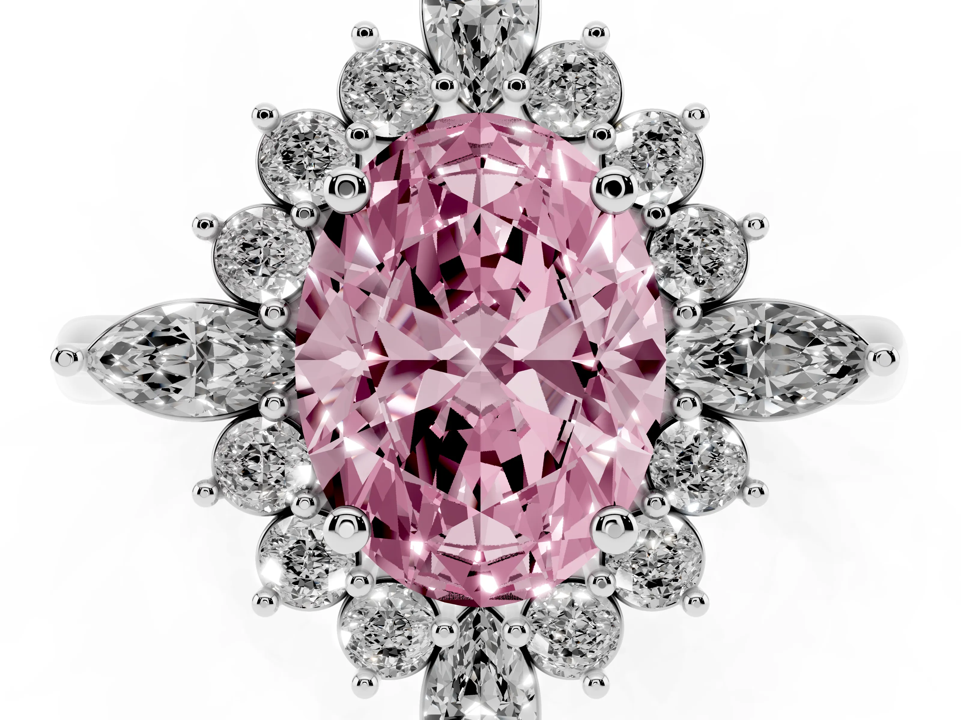 Fancy Pink Oval Cut Diamond Cluster Halo Ring Set in White gold with Marquise and Round Accents