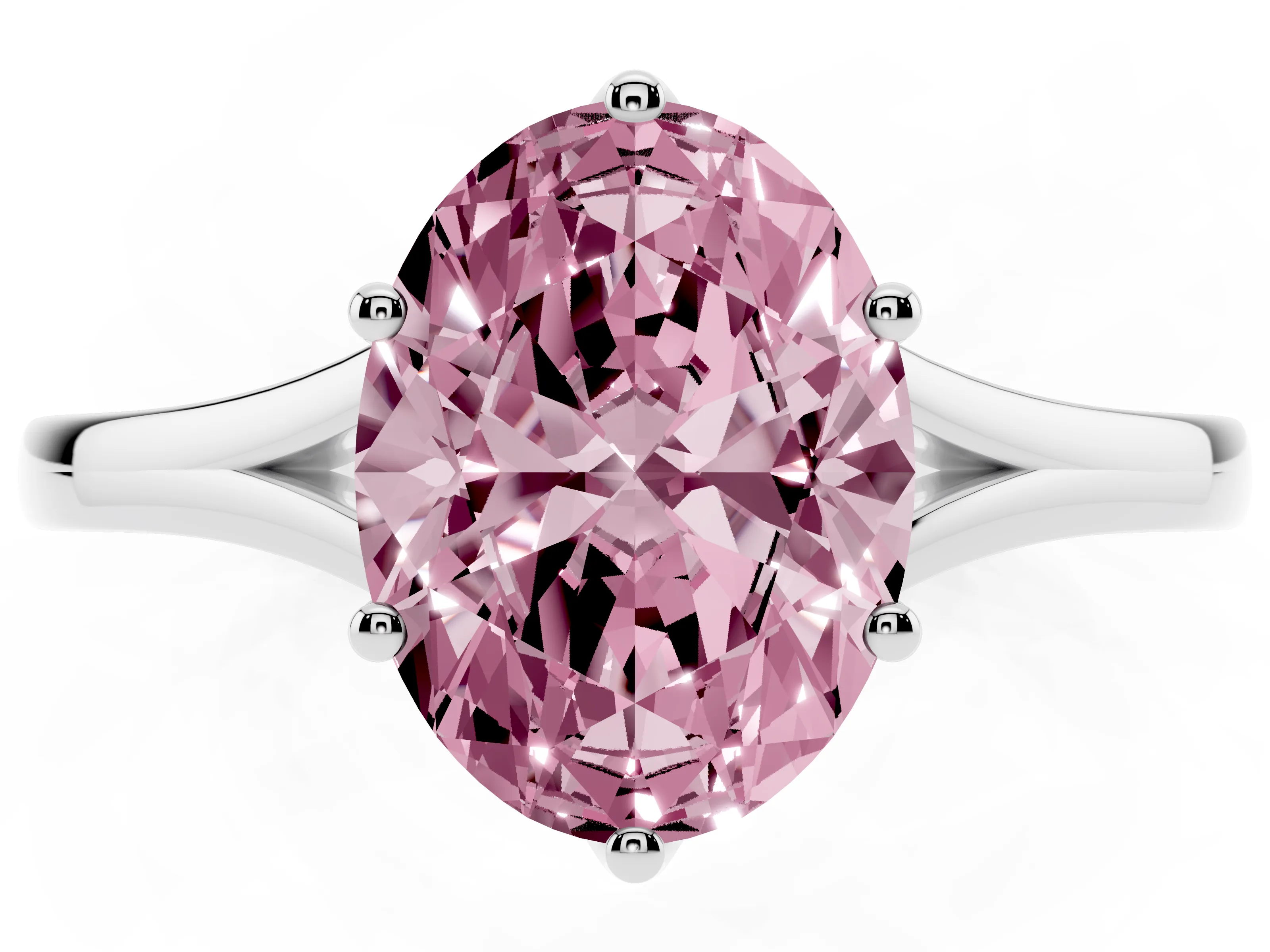 Fancy Pink Oval Cut Diamond Solitaire Ring Set in Silver with Polished Tapered Band and Prong Setting