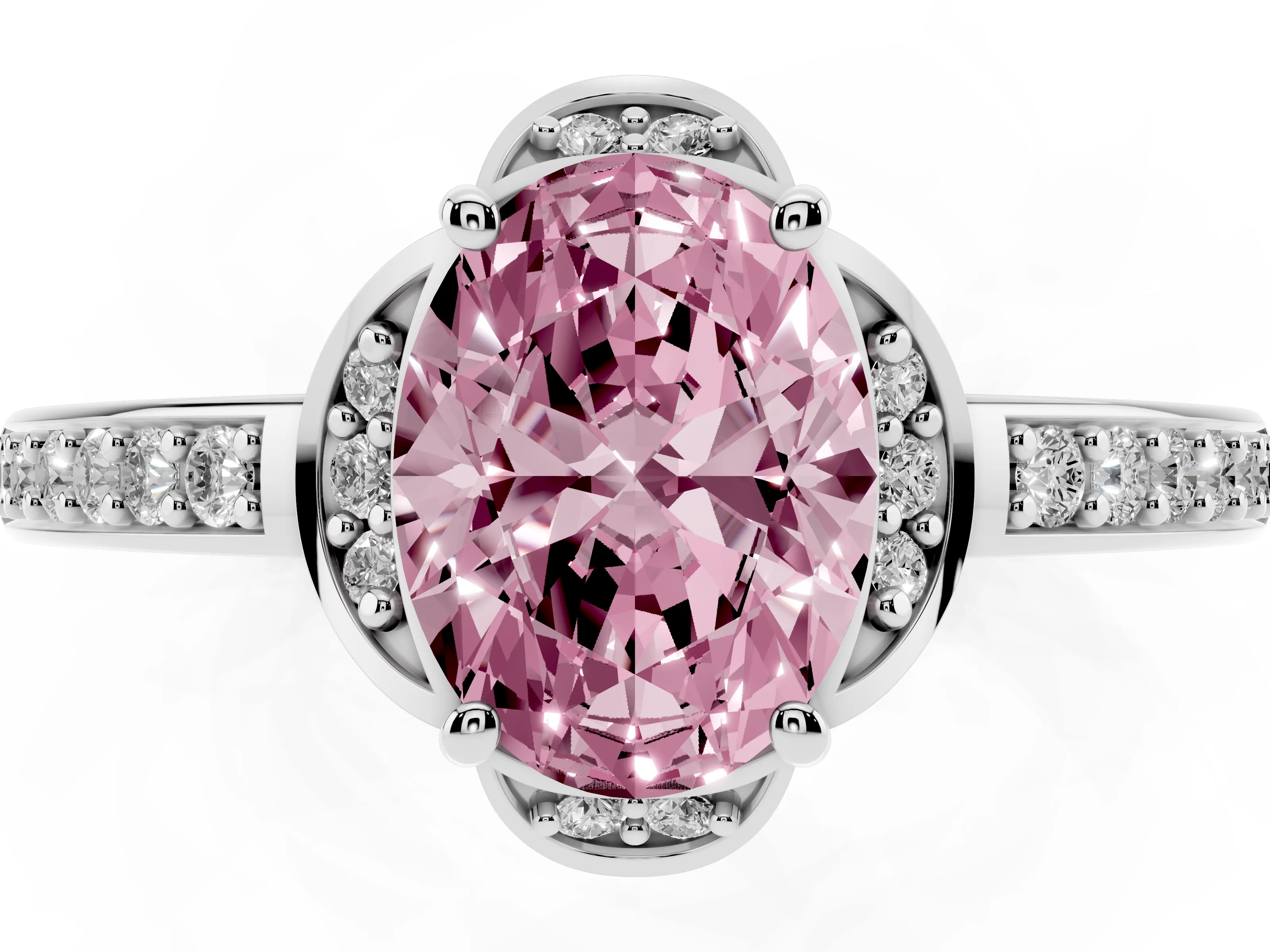 Fancy Pink Oval Cut Diamond Halo Ring Set in Silver with Channel Set Band and Prong Setting