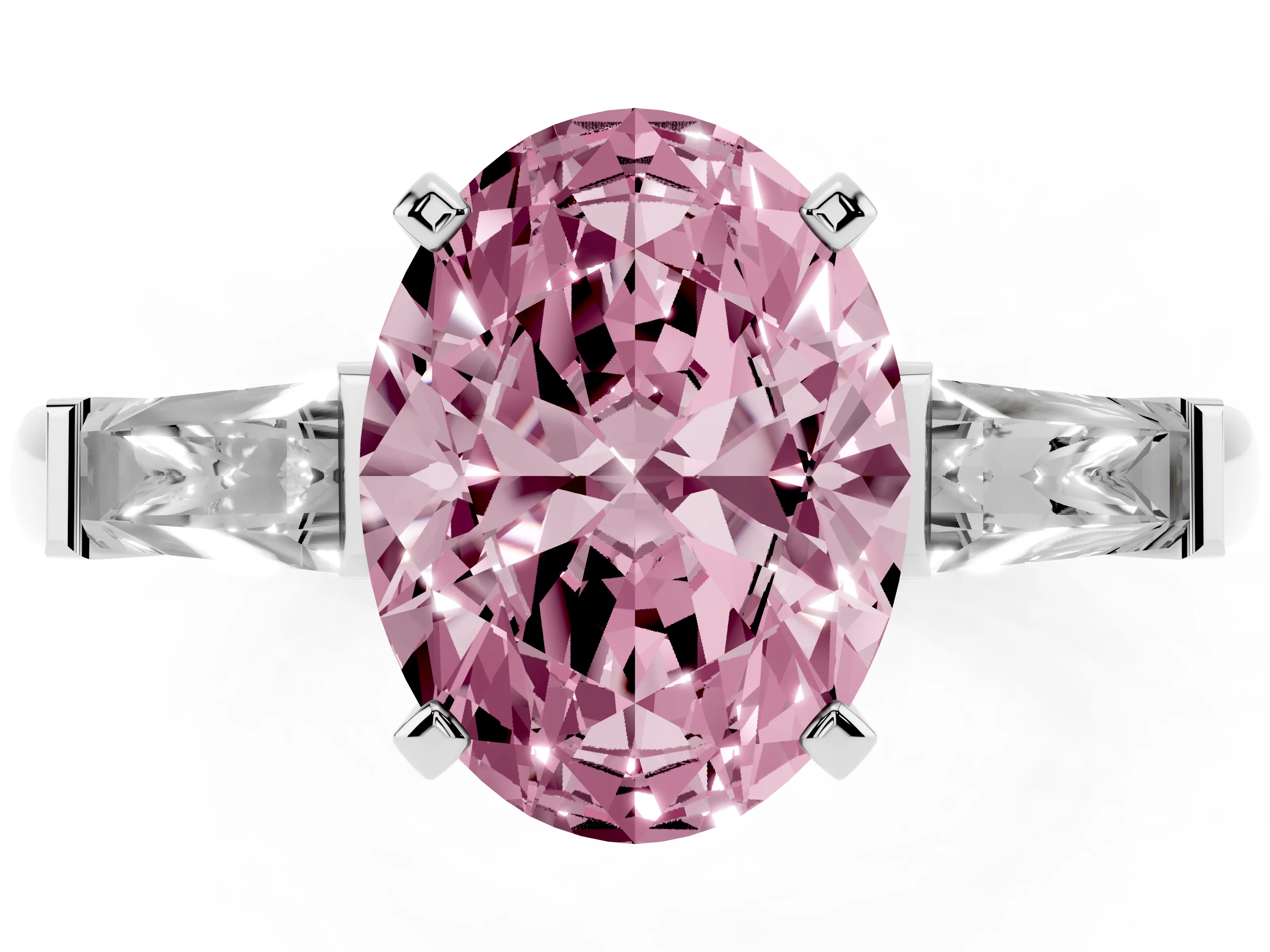 Fancy Pink Oval Cut Diamond Solitaire Ring Set in Platinum with Tapered Baguette Side Stones and Prong Setting
