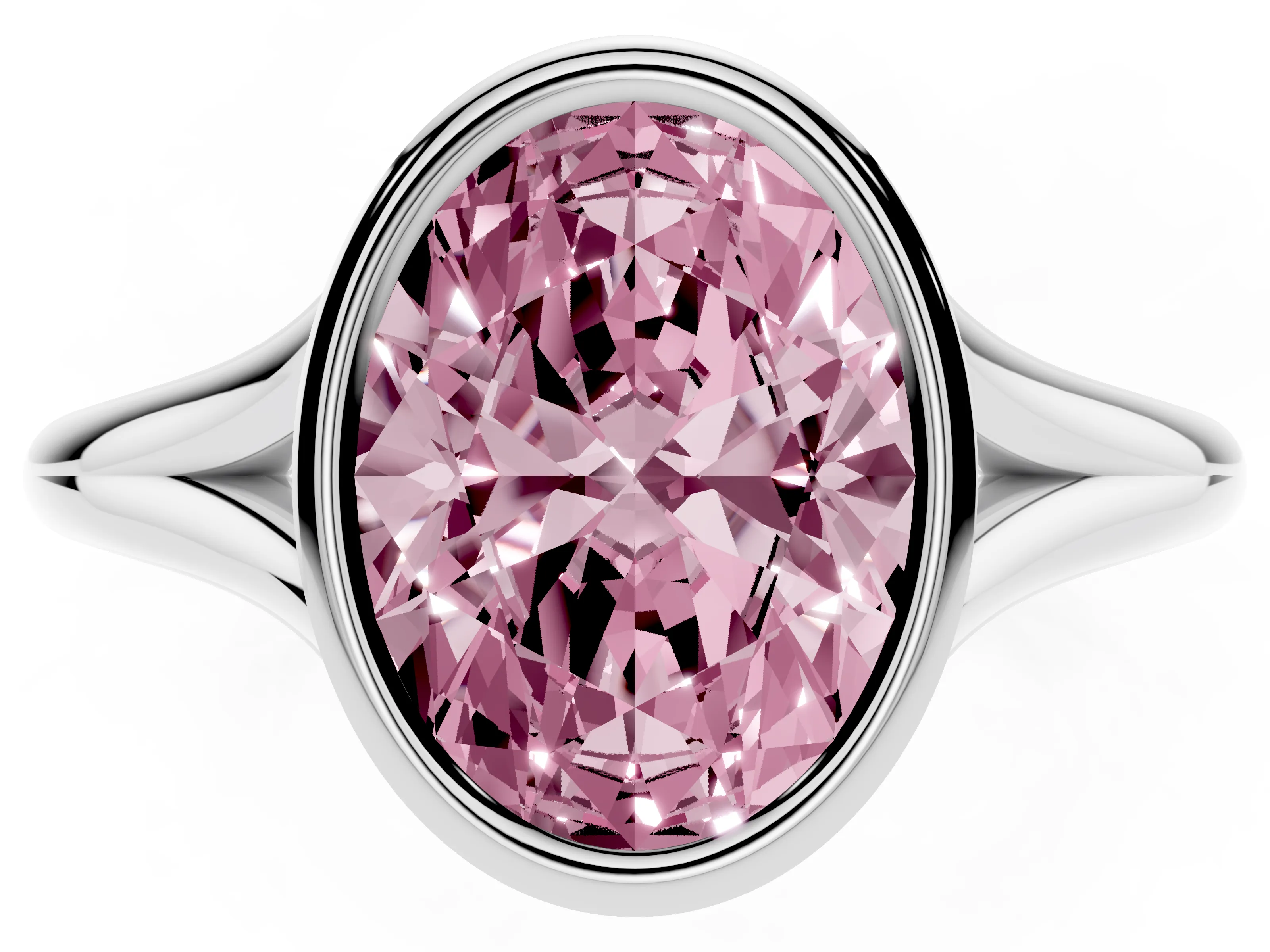 Fancy Pink Bezel Set Oval Cut Diamond Solitaire Ring Set in Silver with Tapered Band