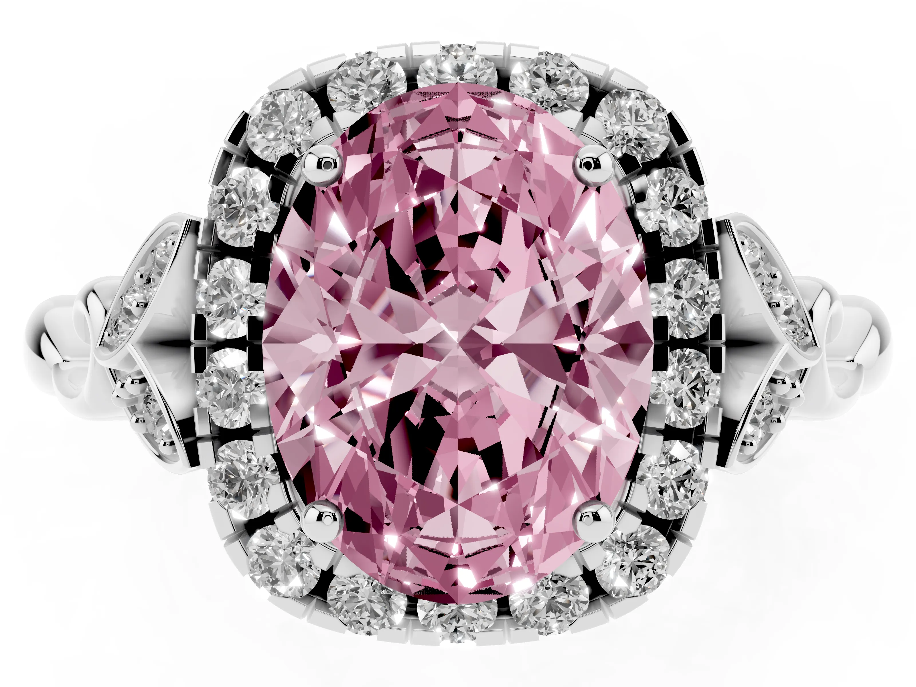 Fancy Pink Oval Cut Diamond Halo Engagement Ring Set in White gold with Vintage-Inspired Band and Prong Setting